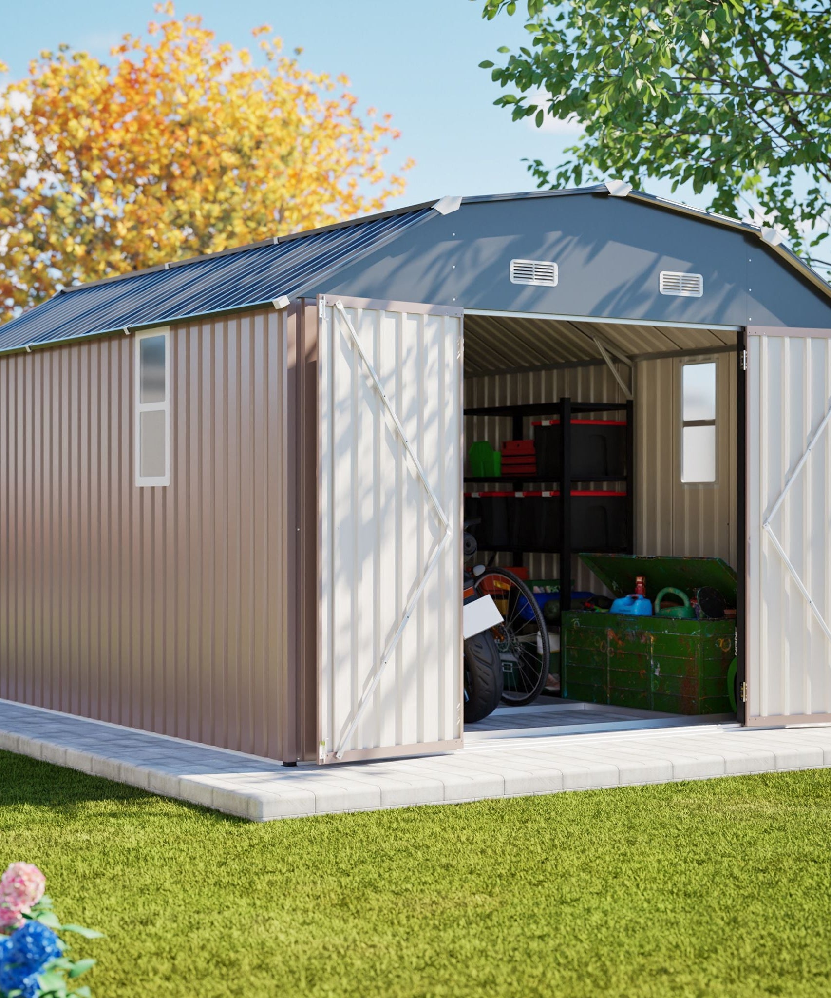 [10X12FT] Alora Heavy-Duty Outdoor Metal Storage Shed With Floor (SAK91820)