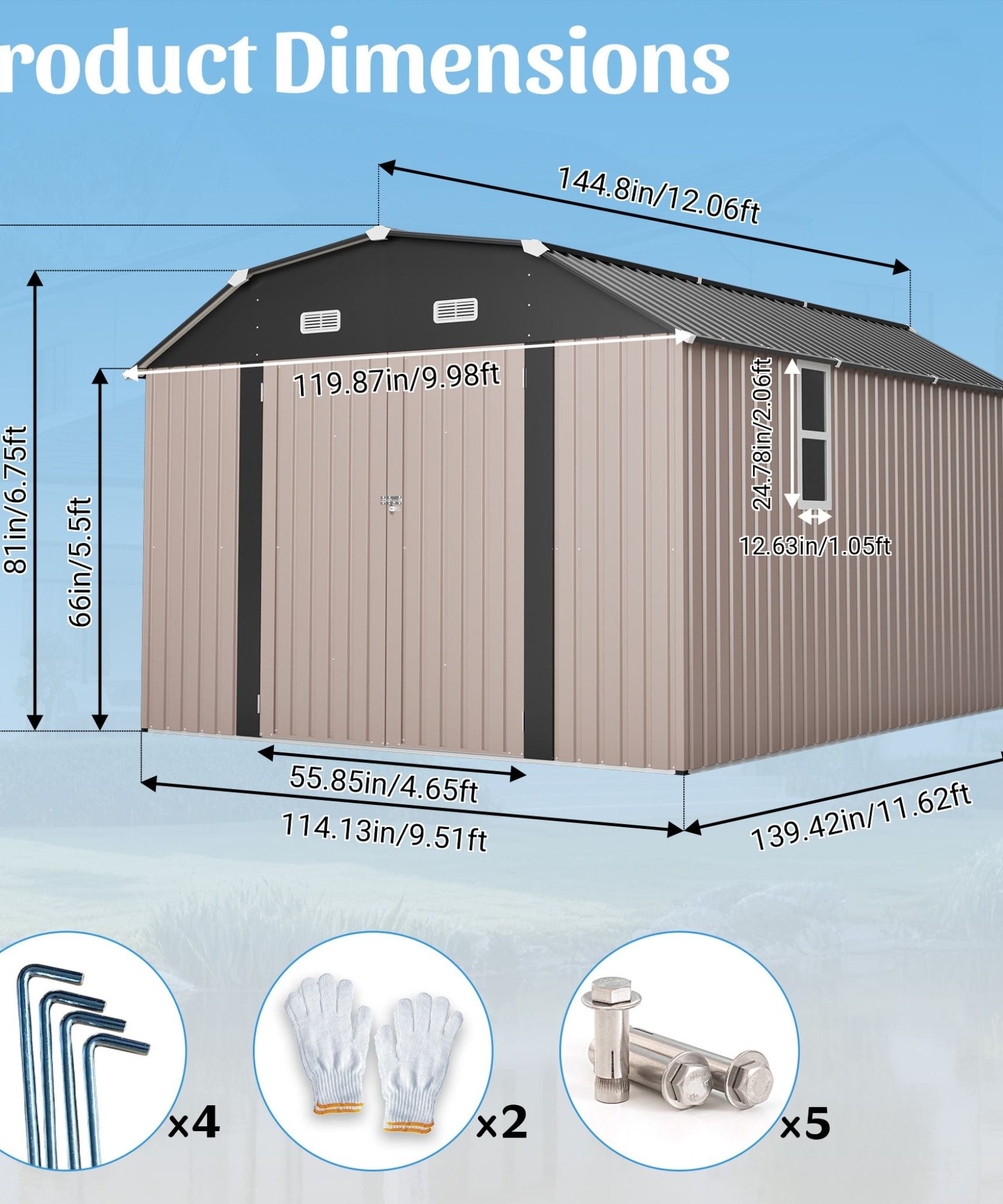 [10X12FT] Alora Heavy-Duty Outdoor Metal Storage Shed With Floor (SAK91820)
