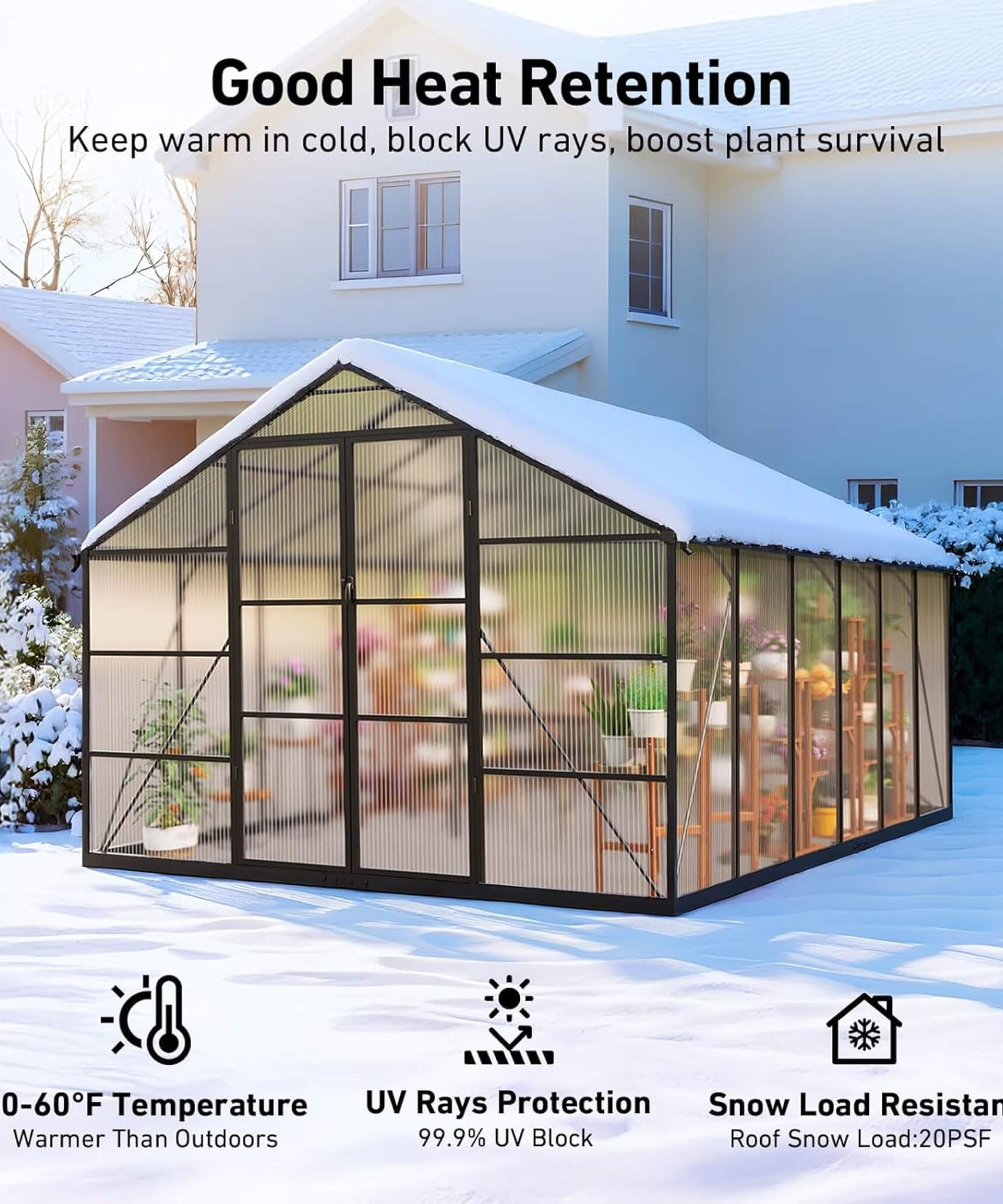 [10X12FT] Outdoor Polycarbonate Aluminum Greenhouse With UV Protection And Thermometer (SAK59183)