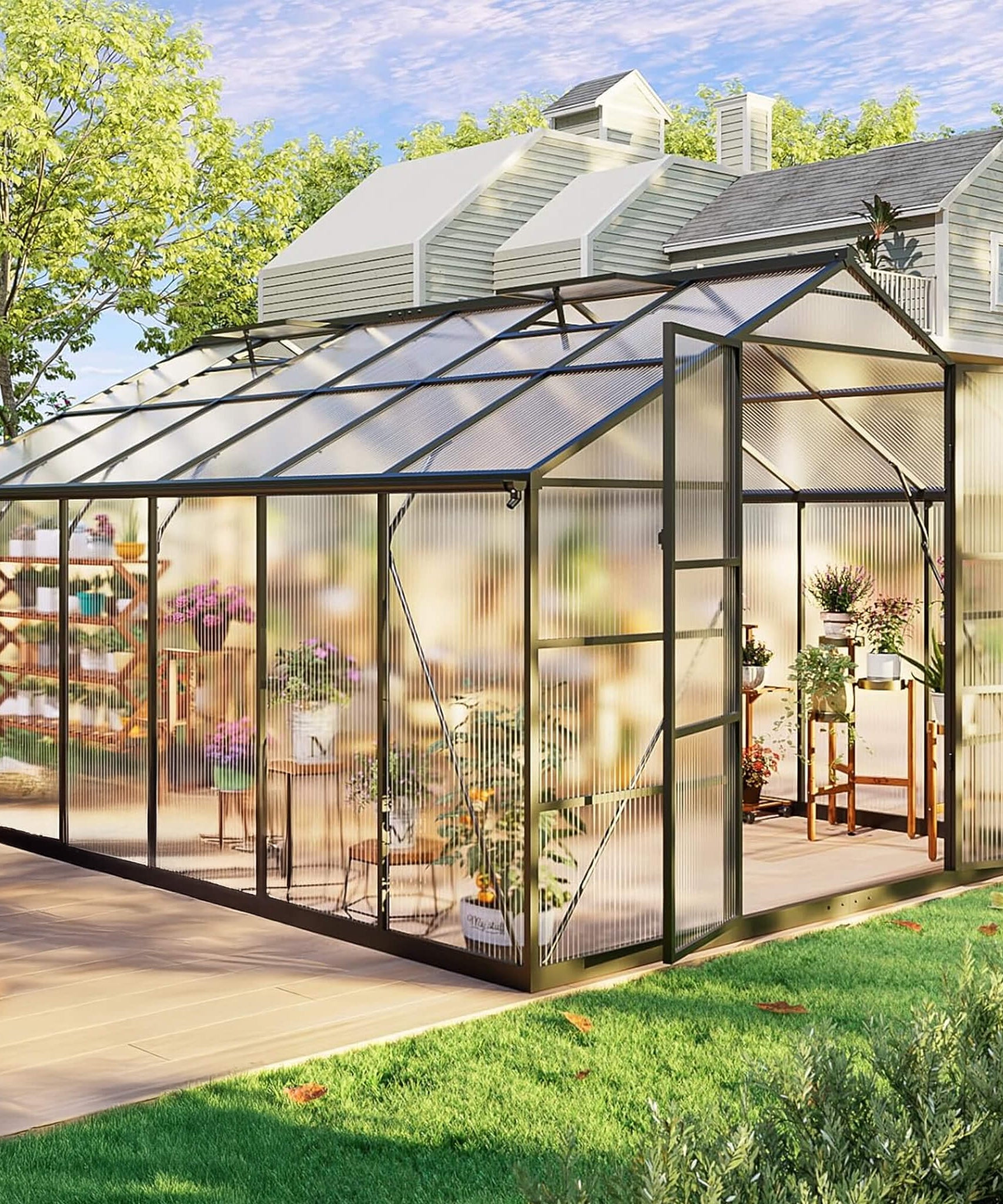 [10X12FT] Outdoor Polycarbonate Aluminum Greenhouse With UV Protection And Thermometer (SAK59183)