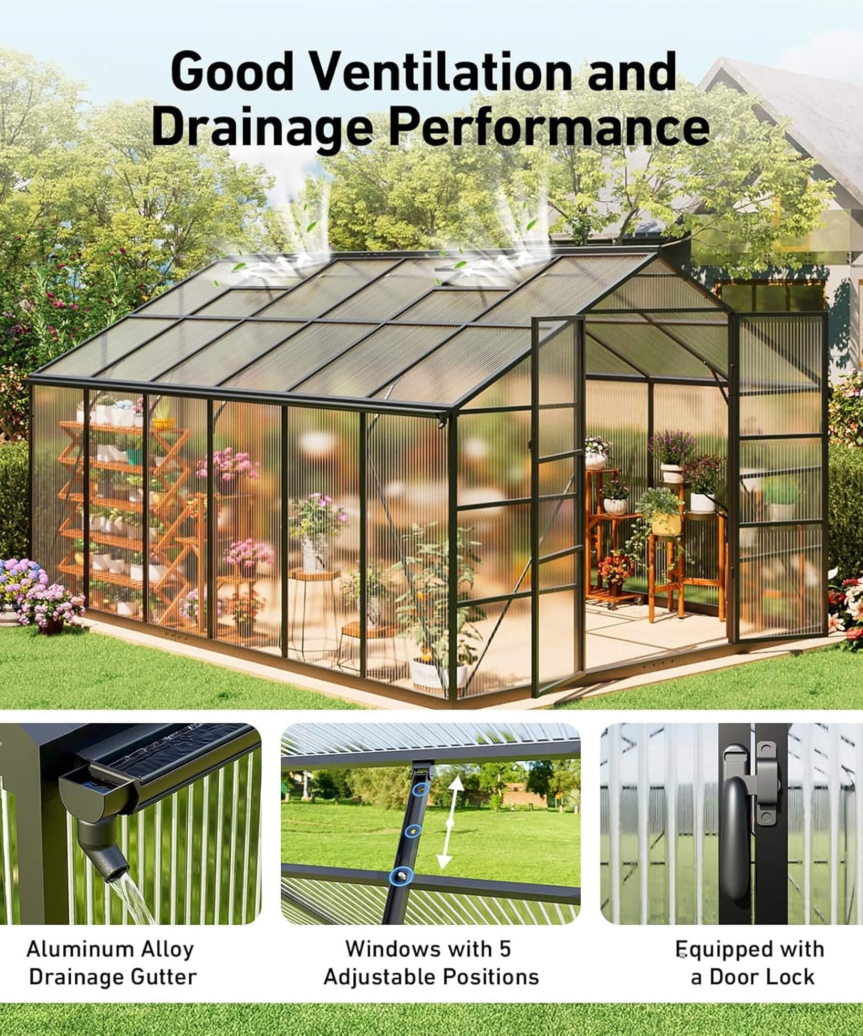 [10X12FT] Outdoor Polycarbonate Aluminum Greenhouse With UV Protection And Thermometer (SAK59183)