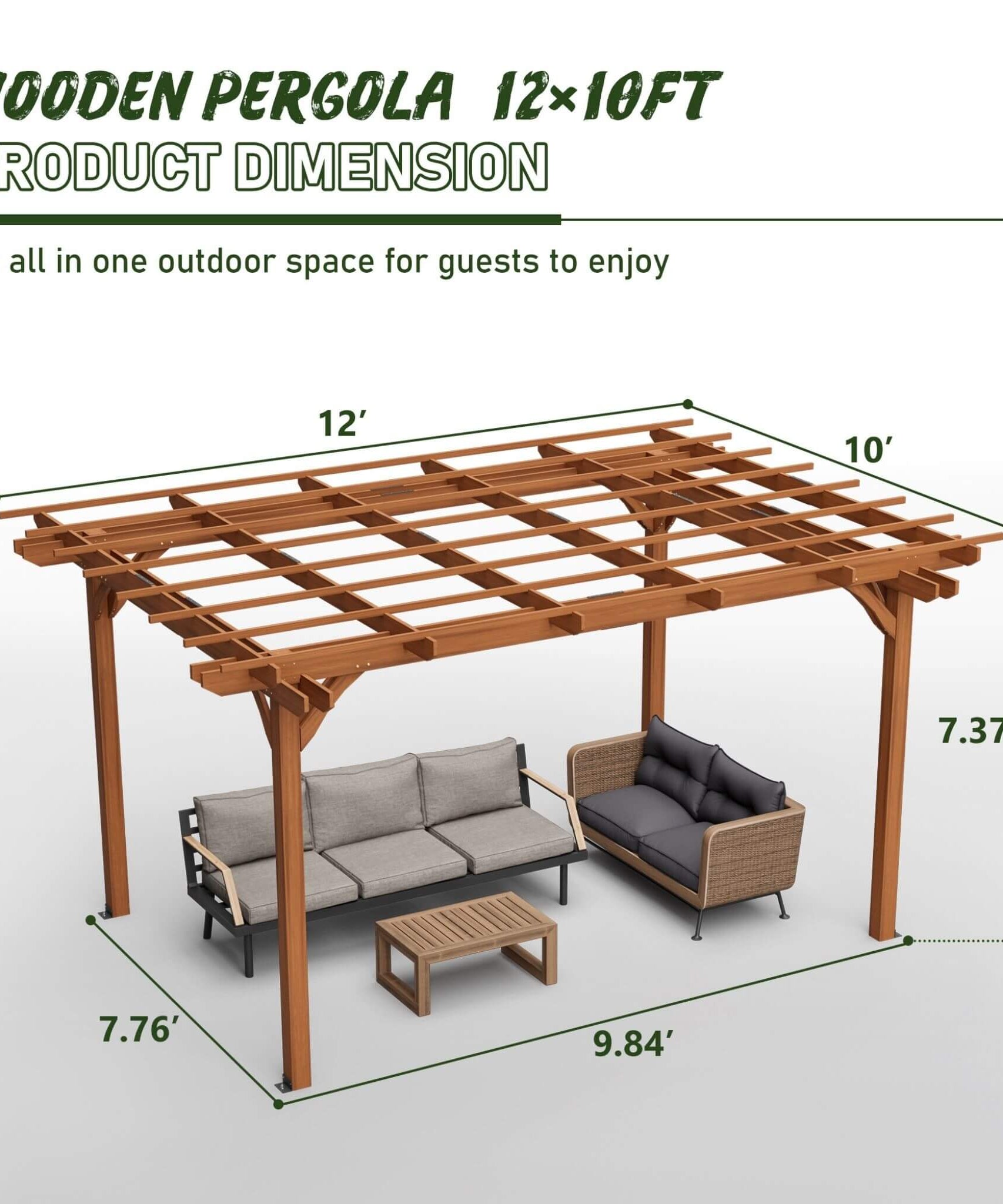 [10X12FT] Alora Premium Extra Large Outdoor Weather-Resistant Wooden Grape Pergola (SAK16278)
