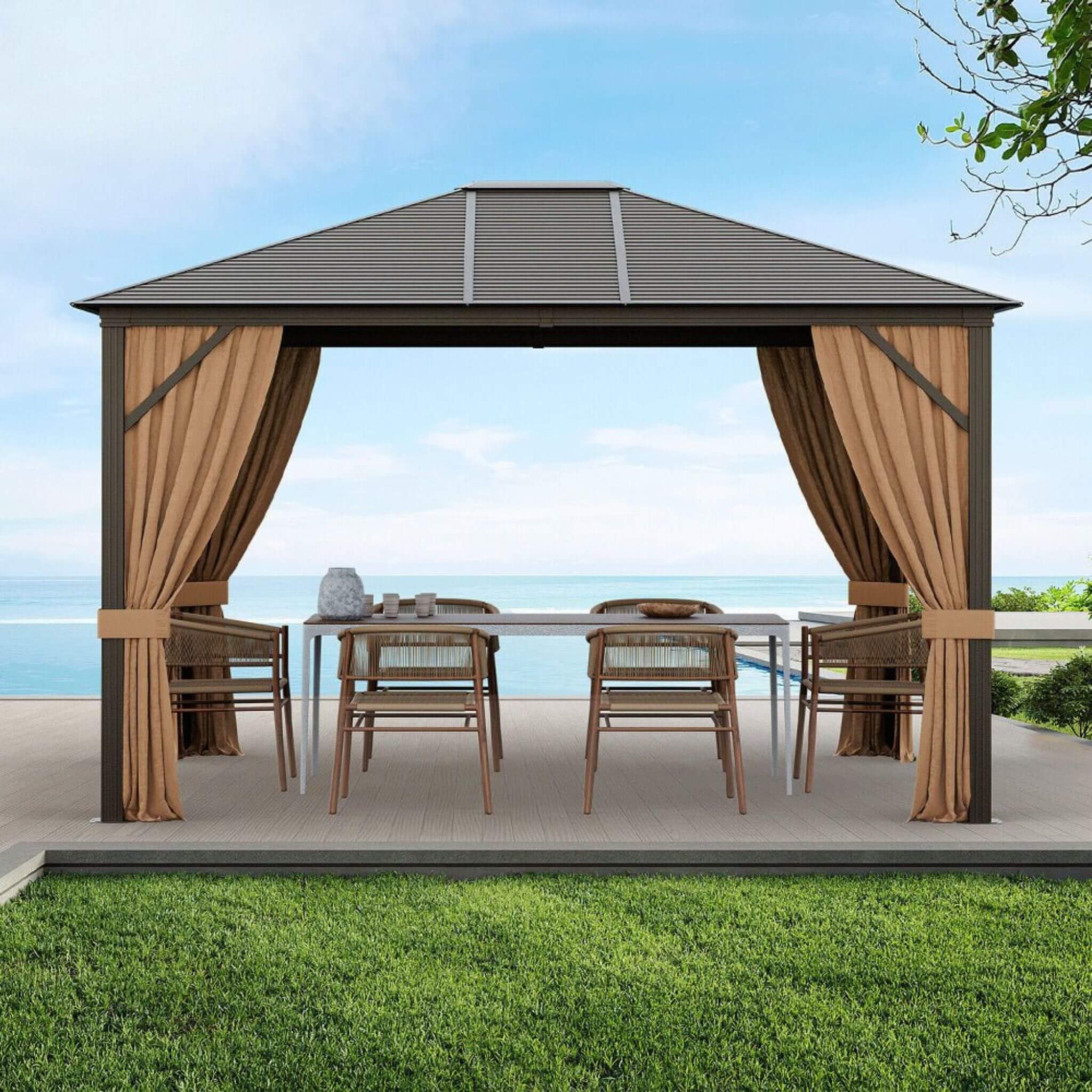 [10X12FT] Alora Premium Outdoor Hardtop Patio Gazebo With Galvanized Steel Top & Aluminum Frame (SAK74065)