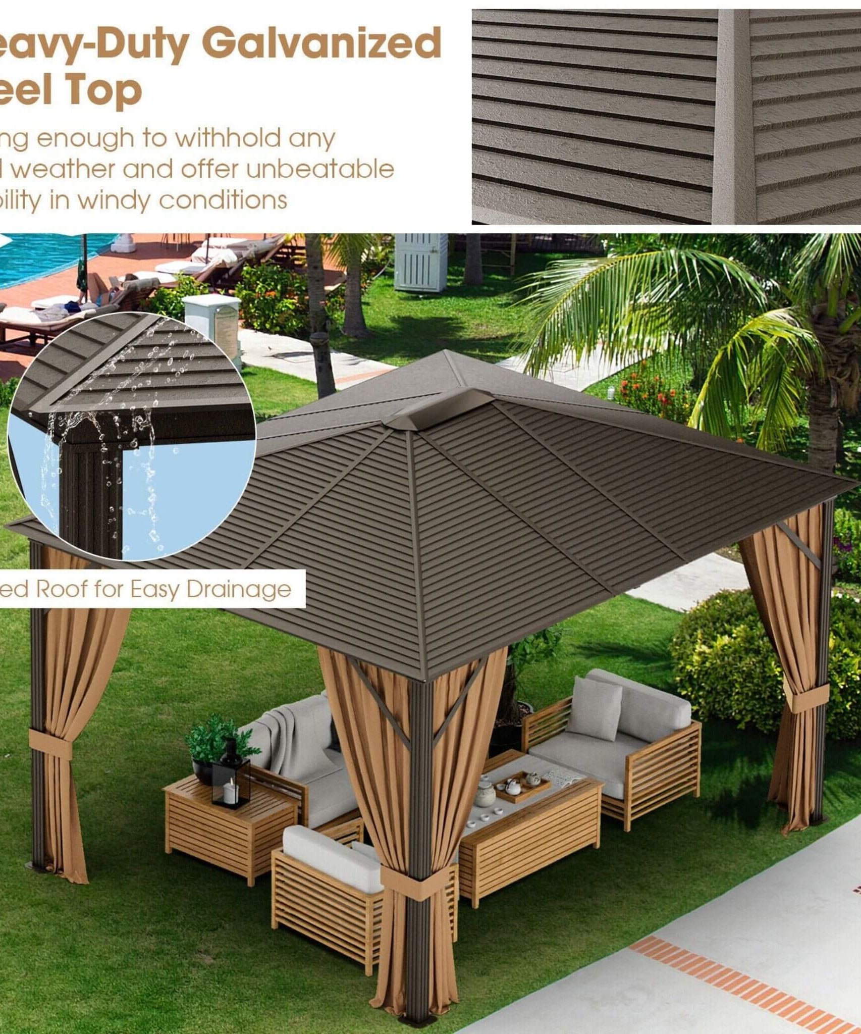 [10X12FT] Alora Premium Outdoor Hardtop Patio Gazebo With Galvanized Steel Top & Aluminum Frame (SAK74065)
