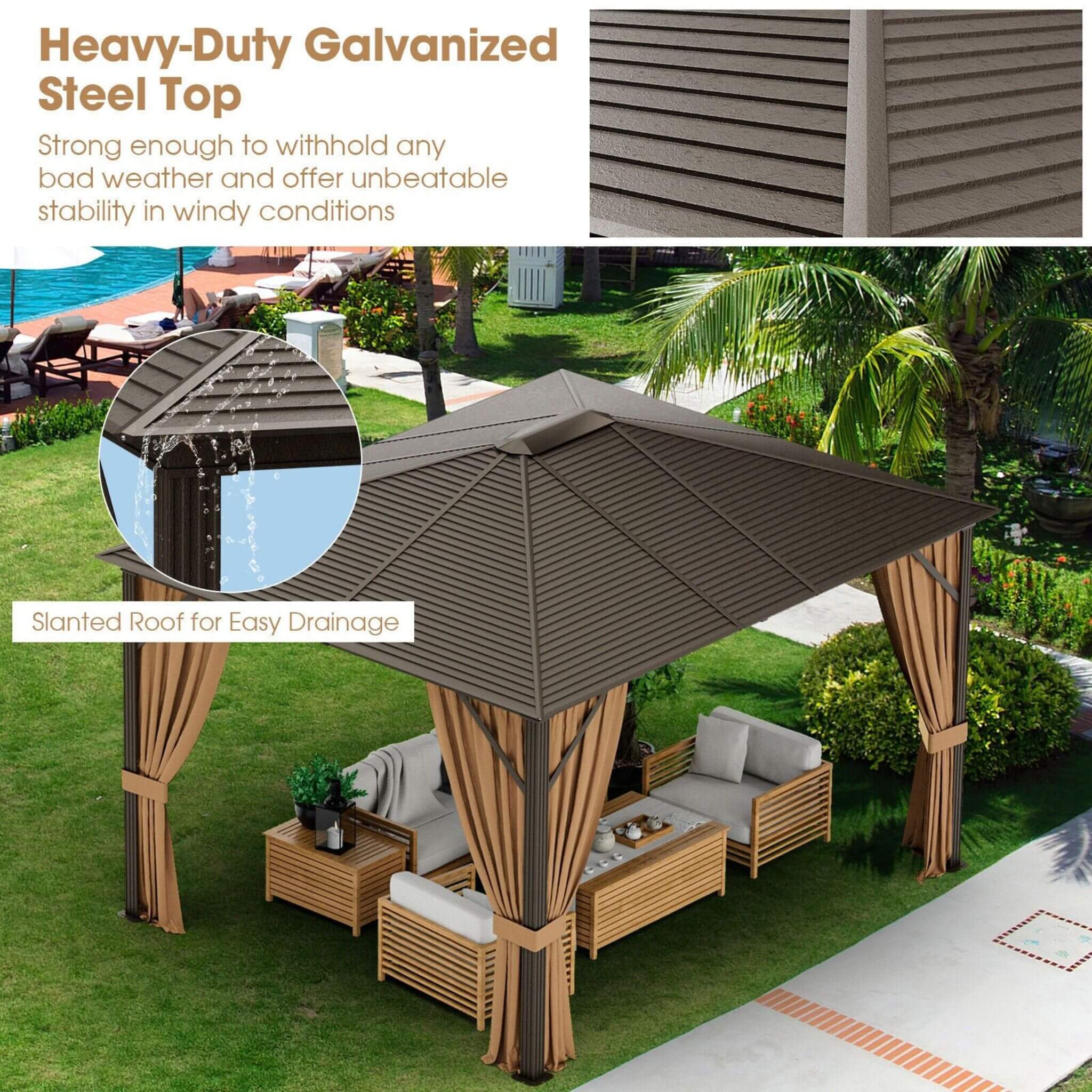 [10X12FT] Alora Premium Outdoor Hardtop Patio Gazebo With Galvanized Steel Top & Aluminum Frame (SAK74065)