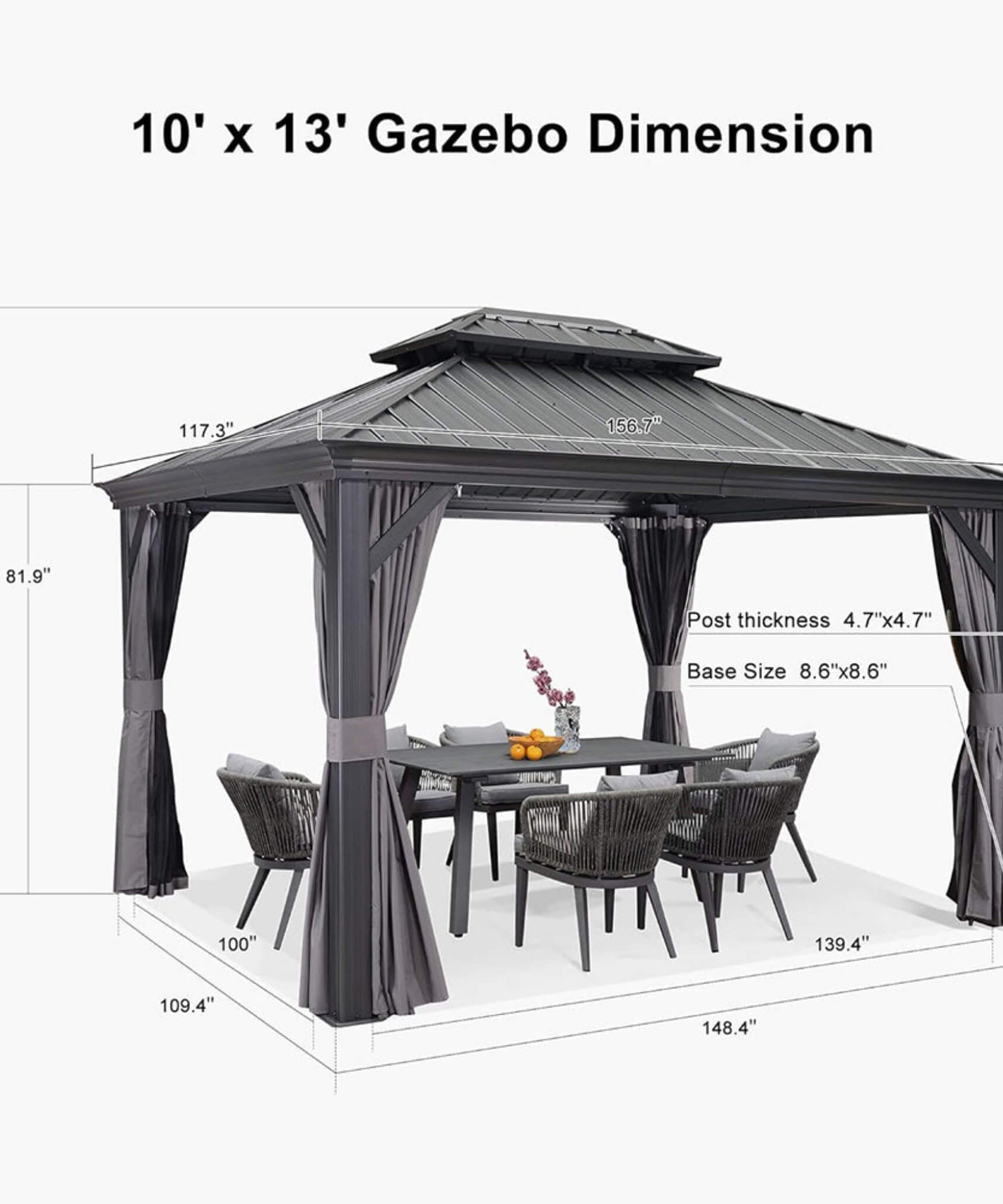 [10X13FT] Alora Large Premium Outdoor Hardtop Aluminum Gazebo With Galvanized Steel Double Roof (SAK74826)