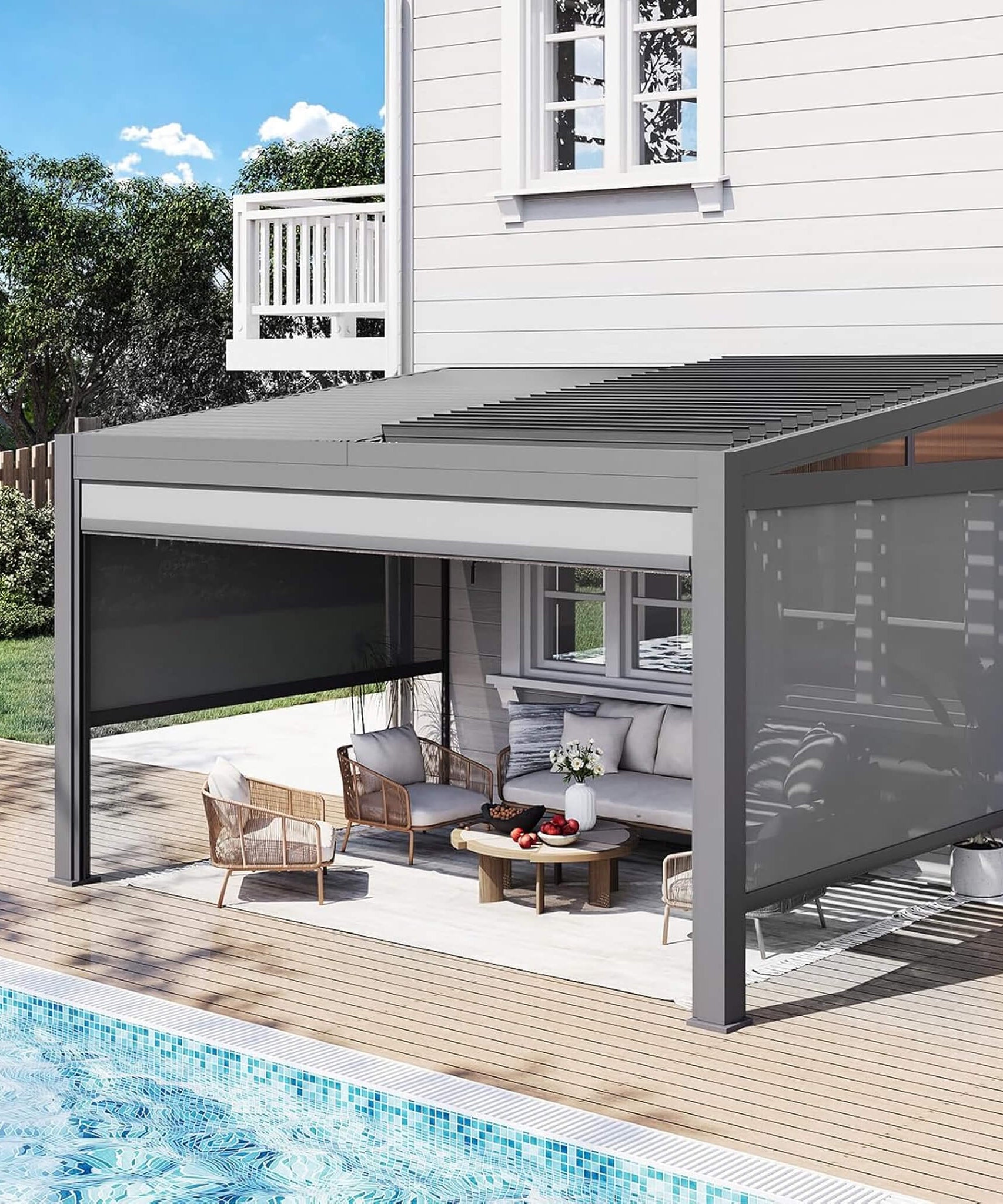 Alora Luxury Wall-Mounted Aluminum Louvered Pergola With Pull-Down Screens (SAK91537)