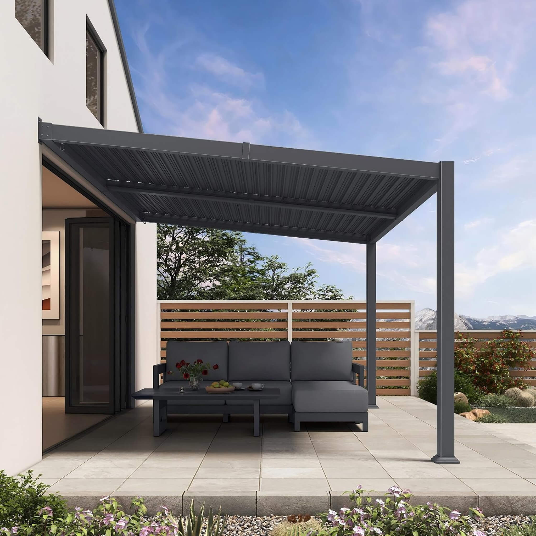 [10X14FT] Alora Modern Wall-Mounted Louvered Pergola With Aluminum Frame (SAK30048)