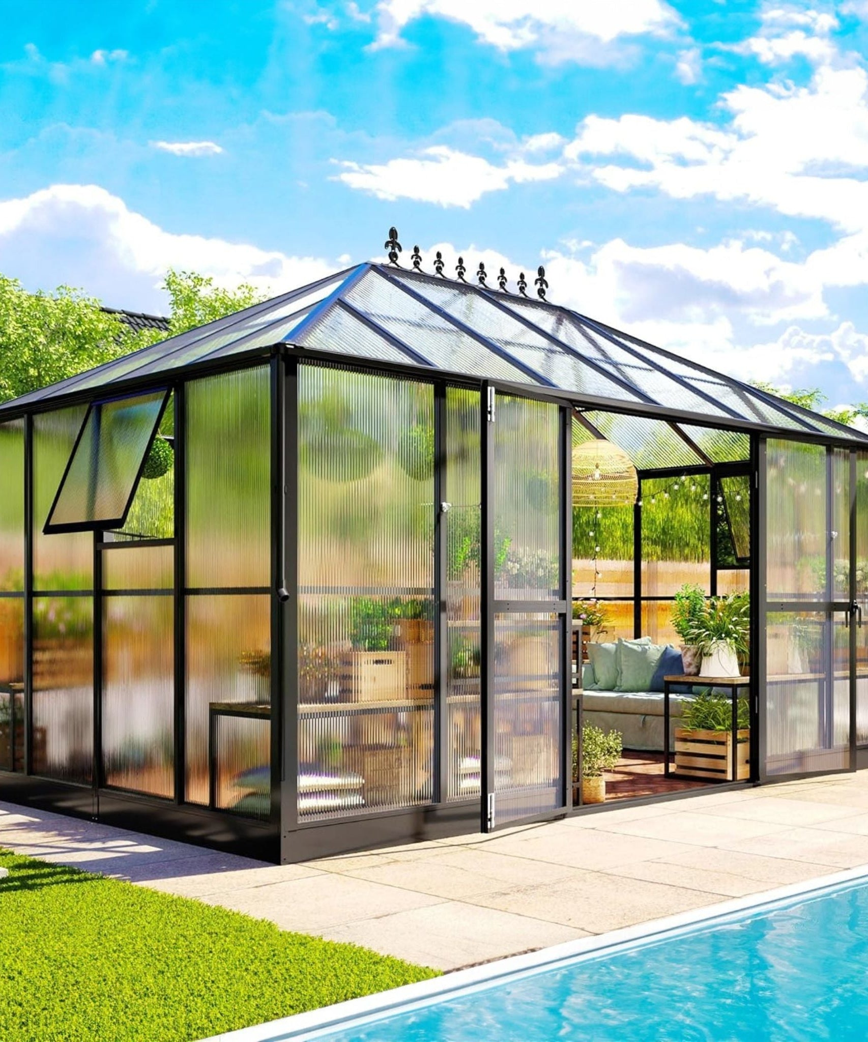 [10X14FT] Premium Outdoor Polycarbonate Greenhouse With Aluminum Frame And Double Swing Doors (SAK23168)