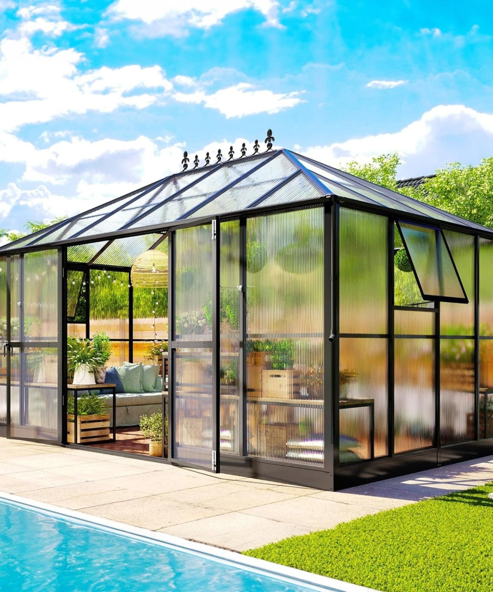 [10X14FT] Premium Outdoor Polycarbonate Greenhouse With Aluminum Frame And Double Swing Doors (SAK23168)