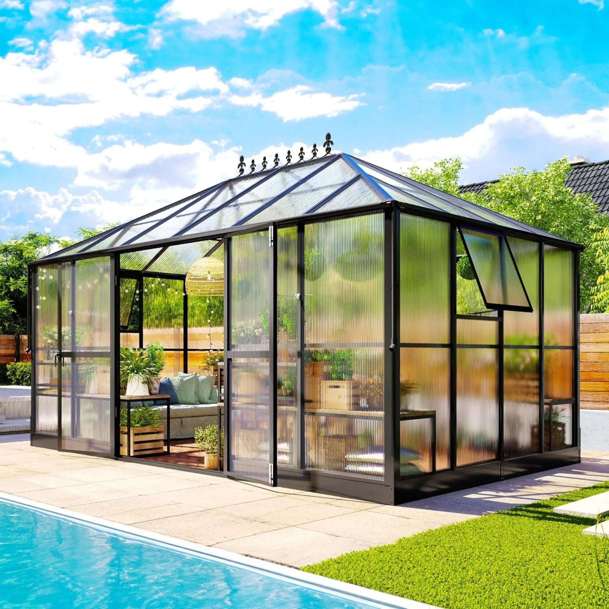 [10X14FT] Premium Outdoor Polycarbonate Greenhouse With Aluminum Frame And Double Swing Doors (SAK23168)