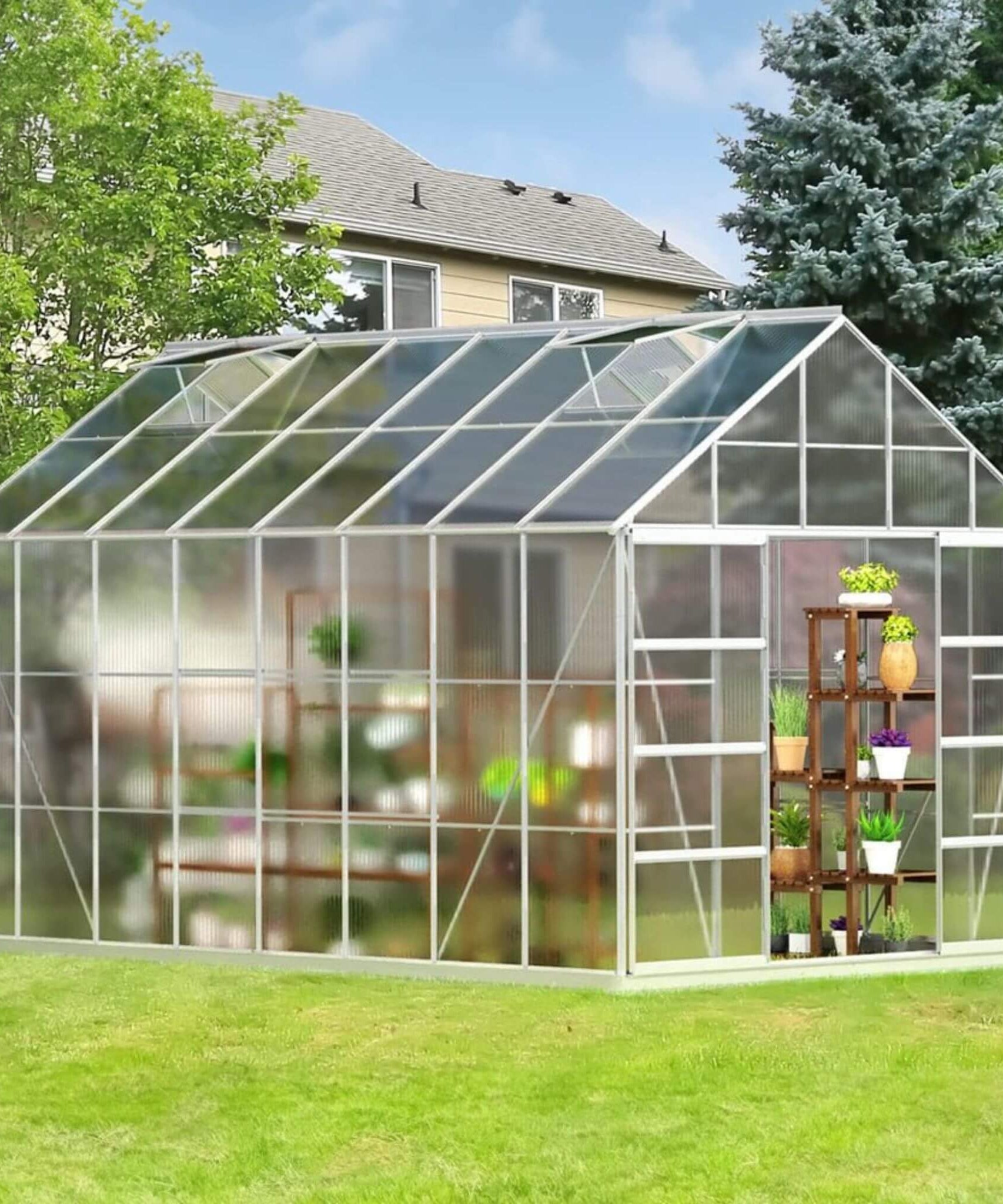 [10X16FT] Extra Large Heavy-Duty Backyard Polycarbonate Aluminum Greenhouse With Sliding Doors And Vents (SAK97526)