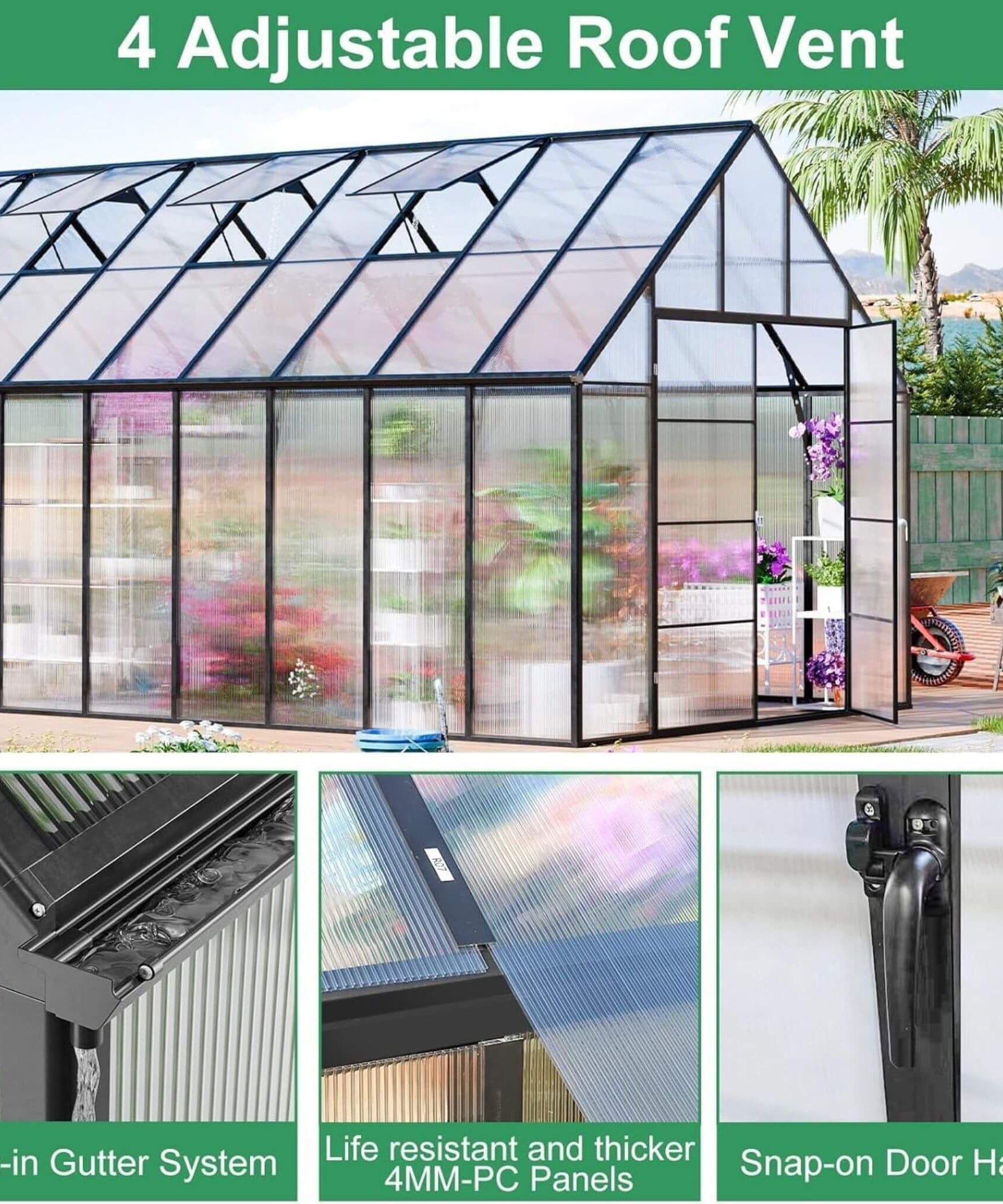 [10X20FT] Extra-Large Heavy-Duty Outdoor Backyard Greenhouse With Adjustable Roof Vents, 4MM (SAK59482)