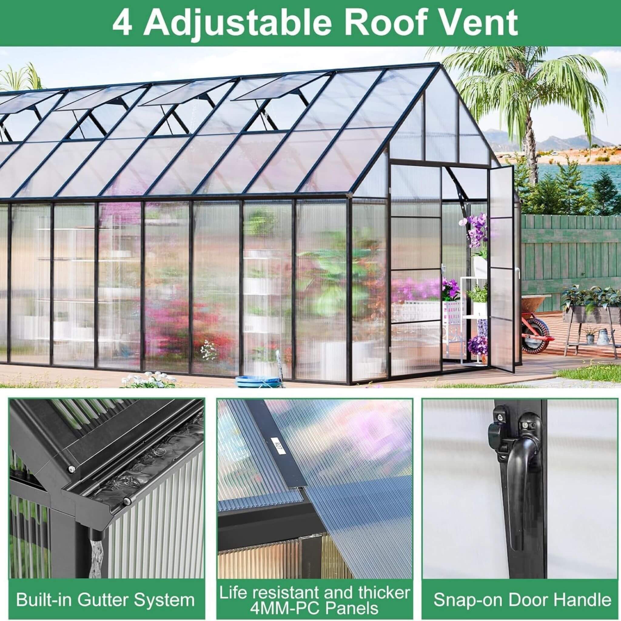 [10X20FT] Extra-Large Heavy-Duty Outdoor Backyard Greenhouse With Adjustable Roof Vents, 4MM (SAK59482)