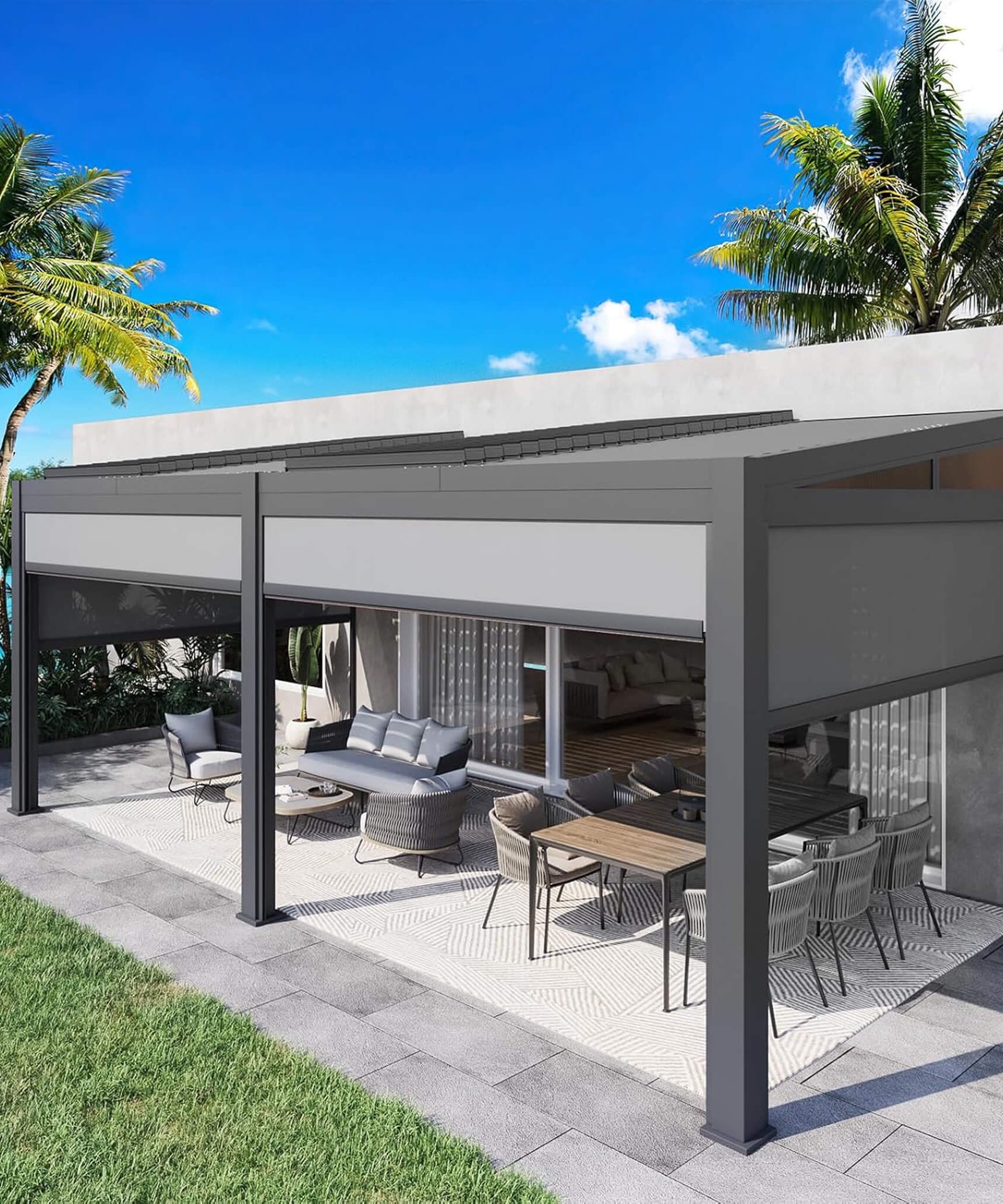 Alora Luxury Wall-Mounted Aluminum Louvered Pergola With Pull-Down Screens (SAK91537)