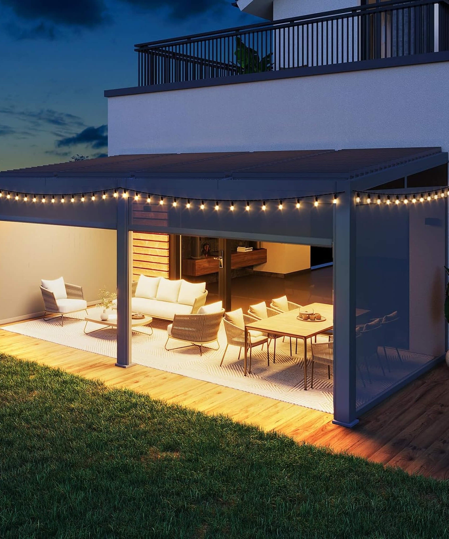 Alora Luxury Wall-Mounted Aluminum Louvered Pergola With Pull-Down Screens (SAK91537)