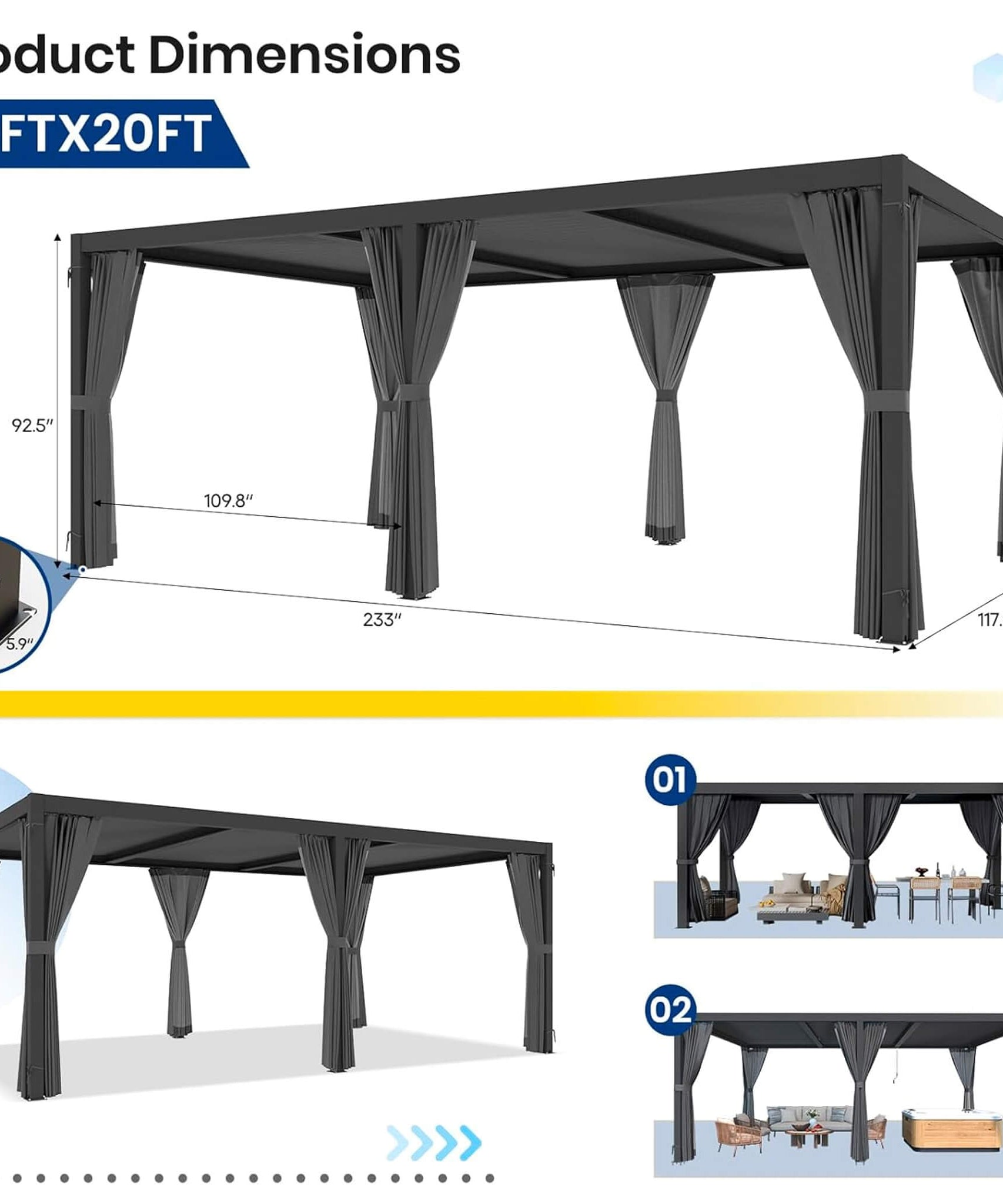 [10X20FT] Alora Premium Louvered Pergola With Curtains And Netting (SAK67041)
