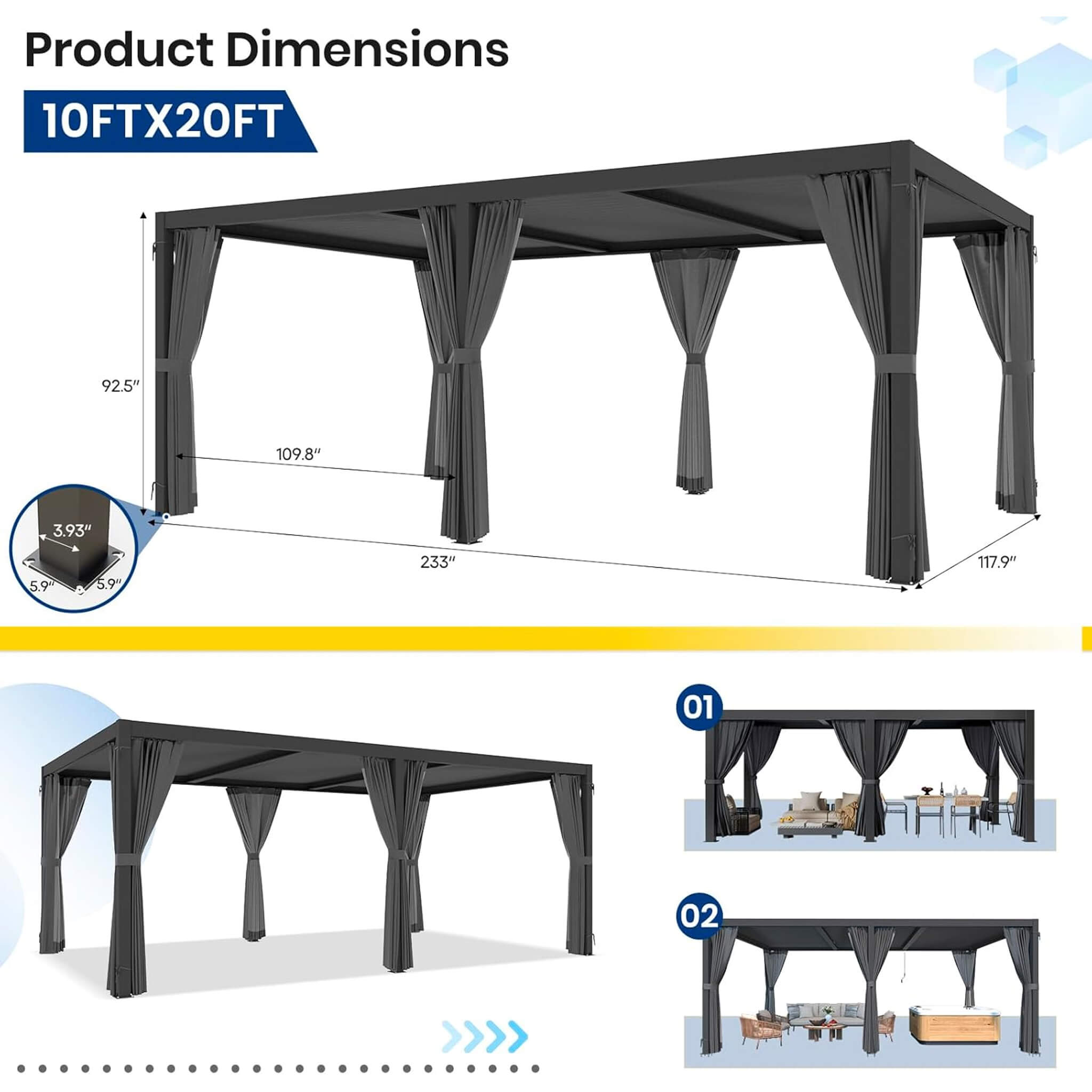[10X20FT] Alora Premium Louvered Pergola With Curtains And Netting (SAK67041)