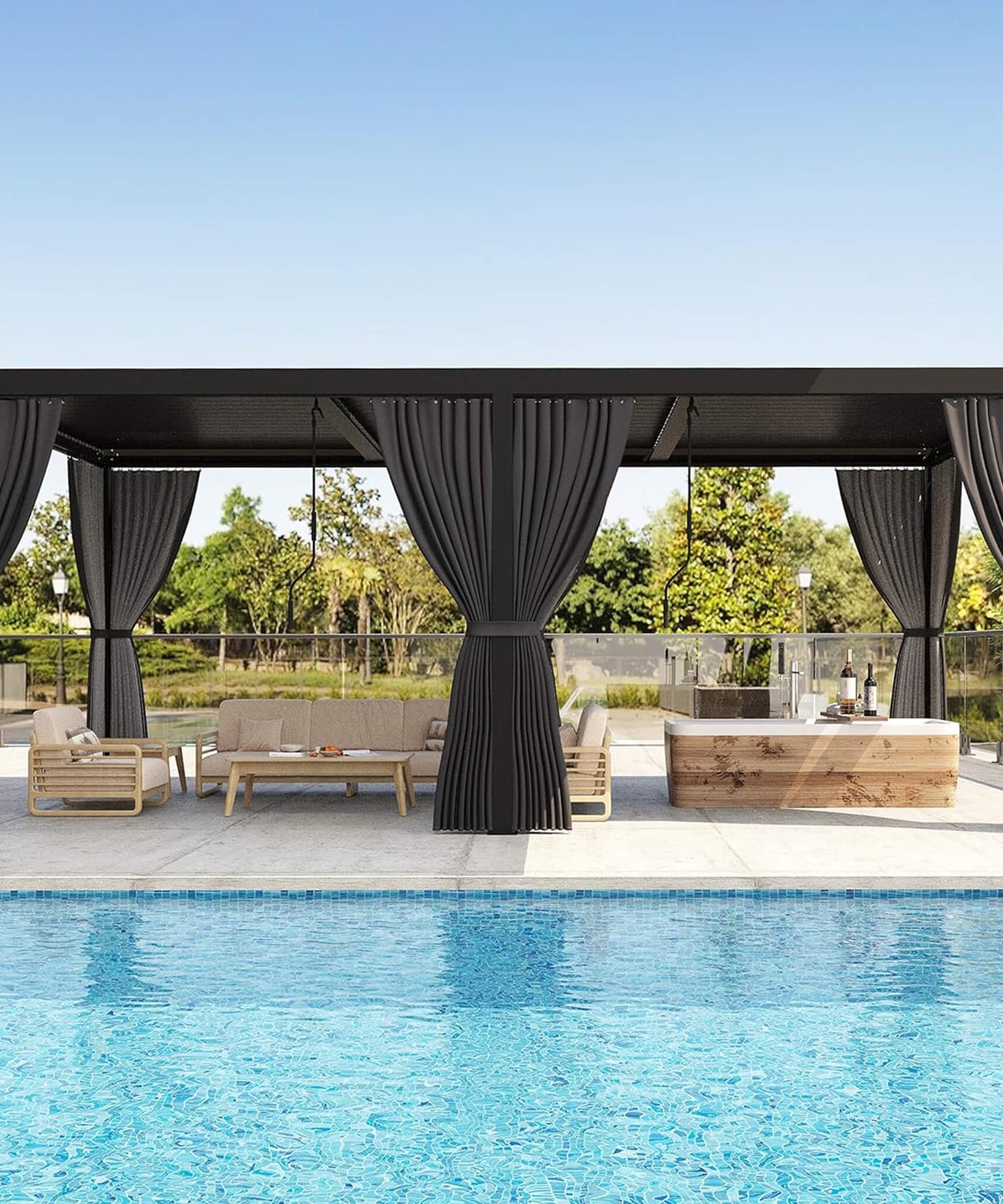 [10X20FT] Alora Premium Louvered Pergola With Curtains And Netting (SAK67041)