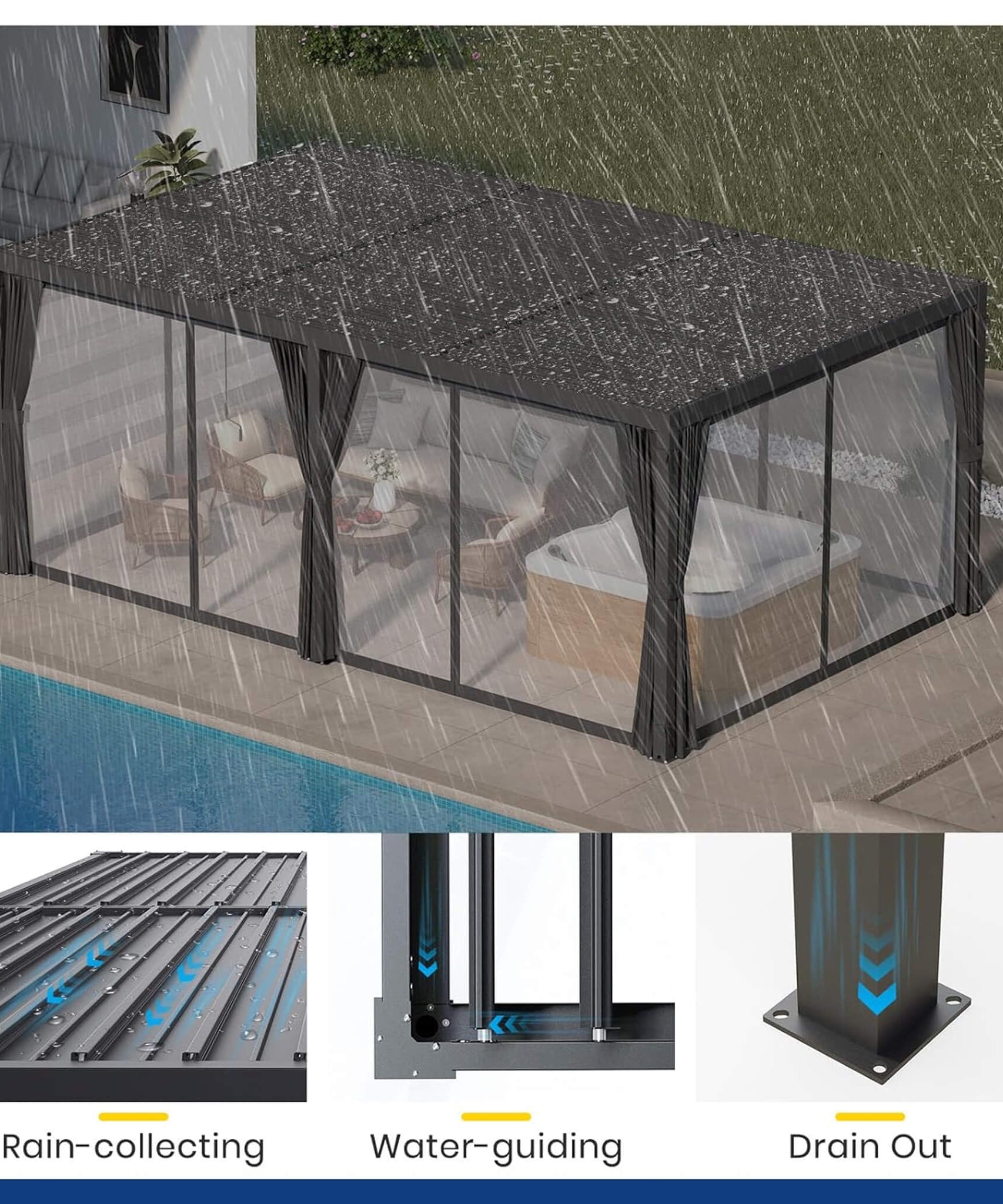 [10X20FT] Alora Premium Louvered Pergola With Curtains And Netting (SAK67041)
