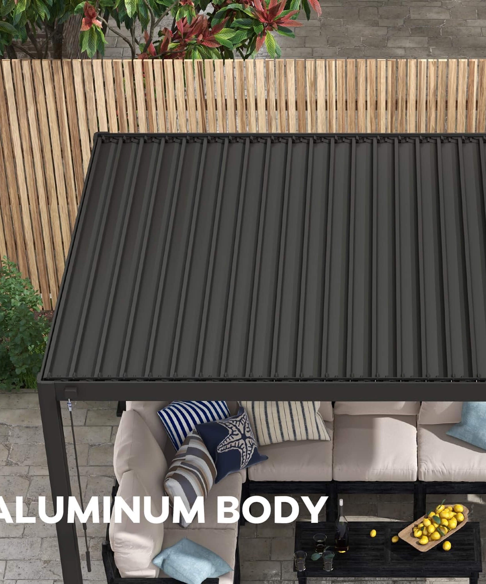 [10X20FT] Alora Modern Outdoor Adjustable Charcoal Louvered Pergola With Screens And Built-In Drainage (SAK64973)
