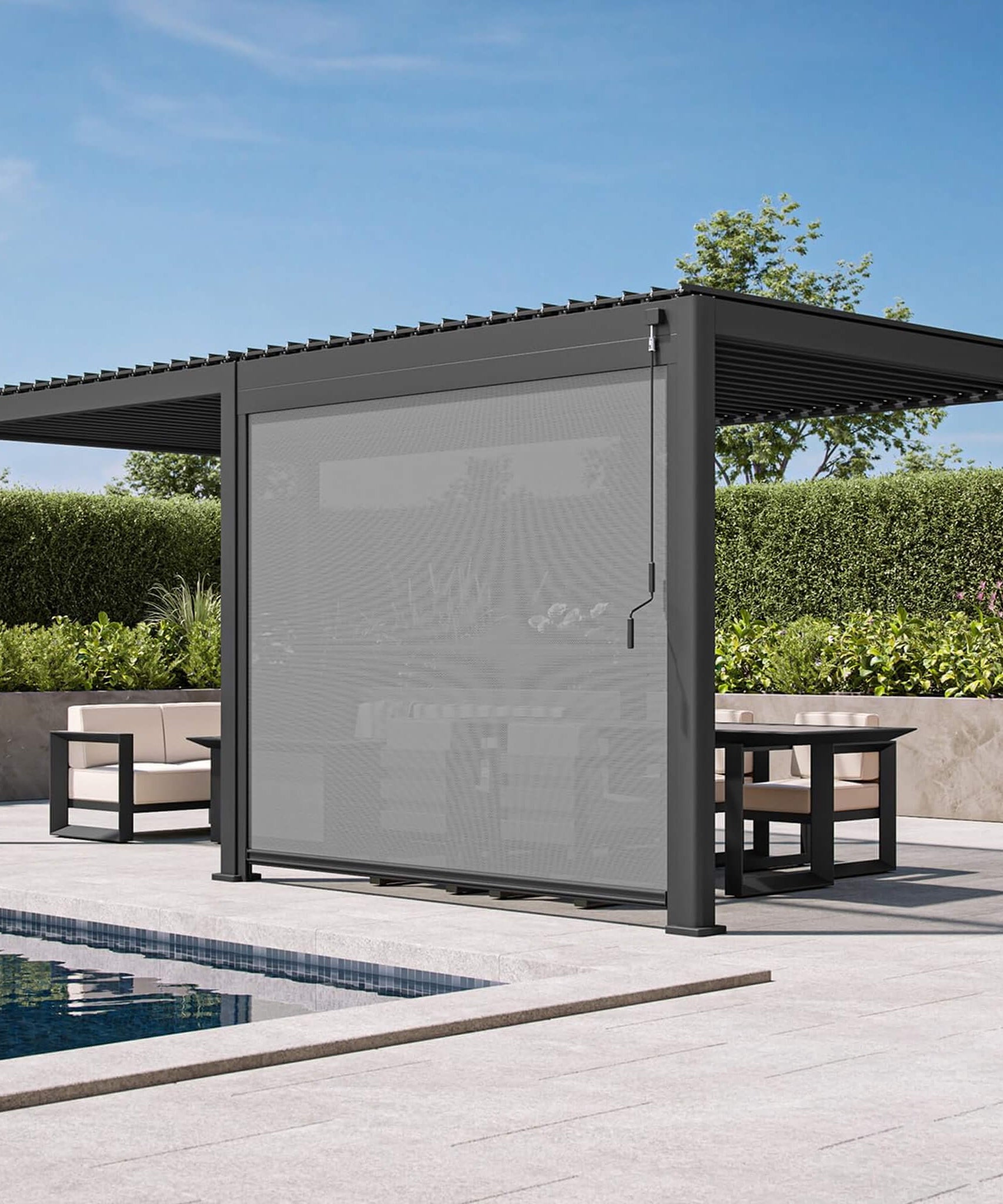 [10X20FT] Alora Modern Outdoor Adjustable Charcoal Louvered Pergola With Screens And Built-In Drainage (SAK64973)