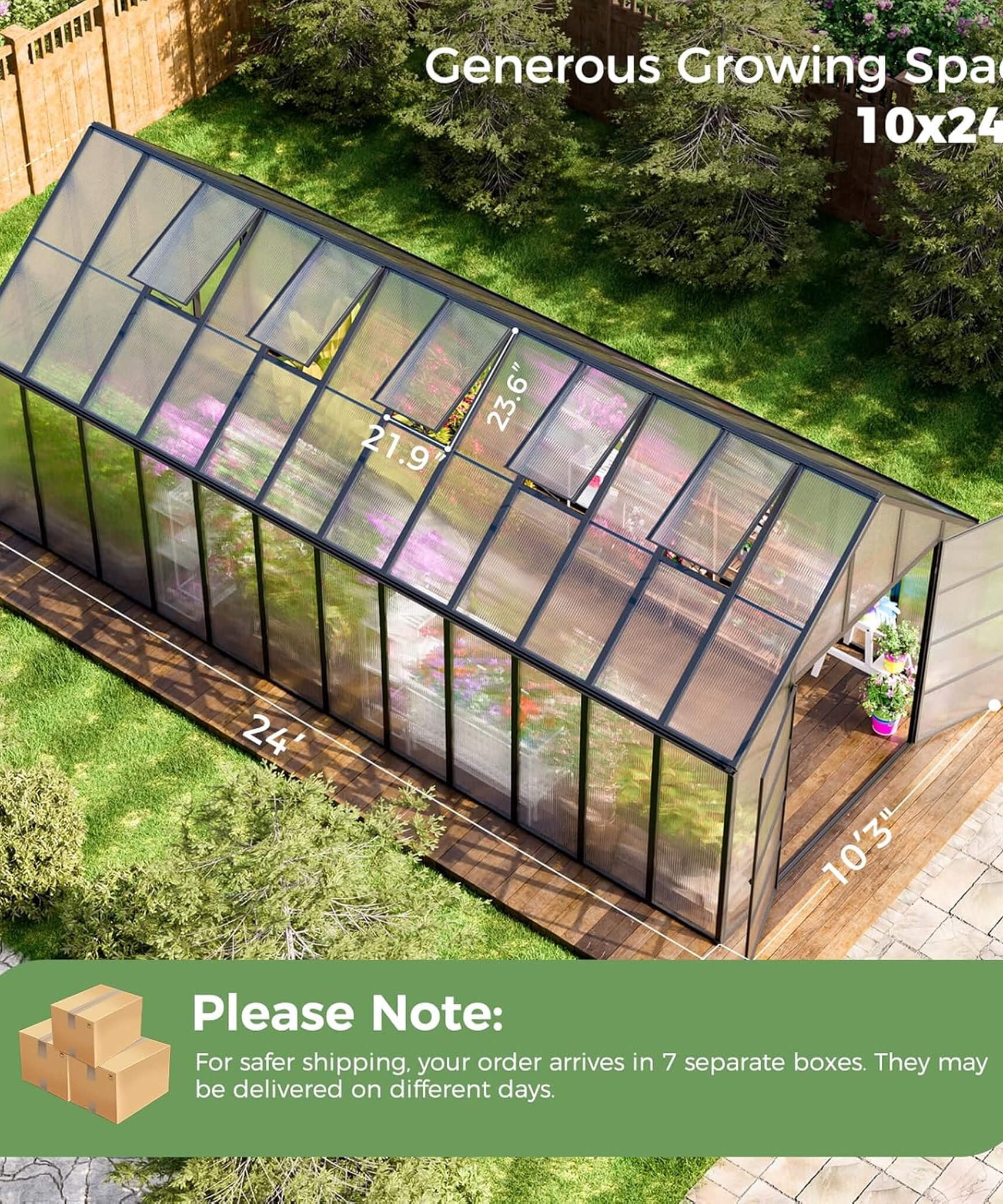 [10X24FT] Heavy-Duty Outdoor Aluminum Polycarbonate Greenhouse With Roof Vents And Swing Doors, 4MM (SAK97032)