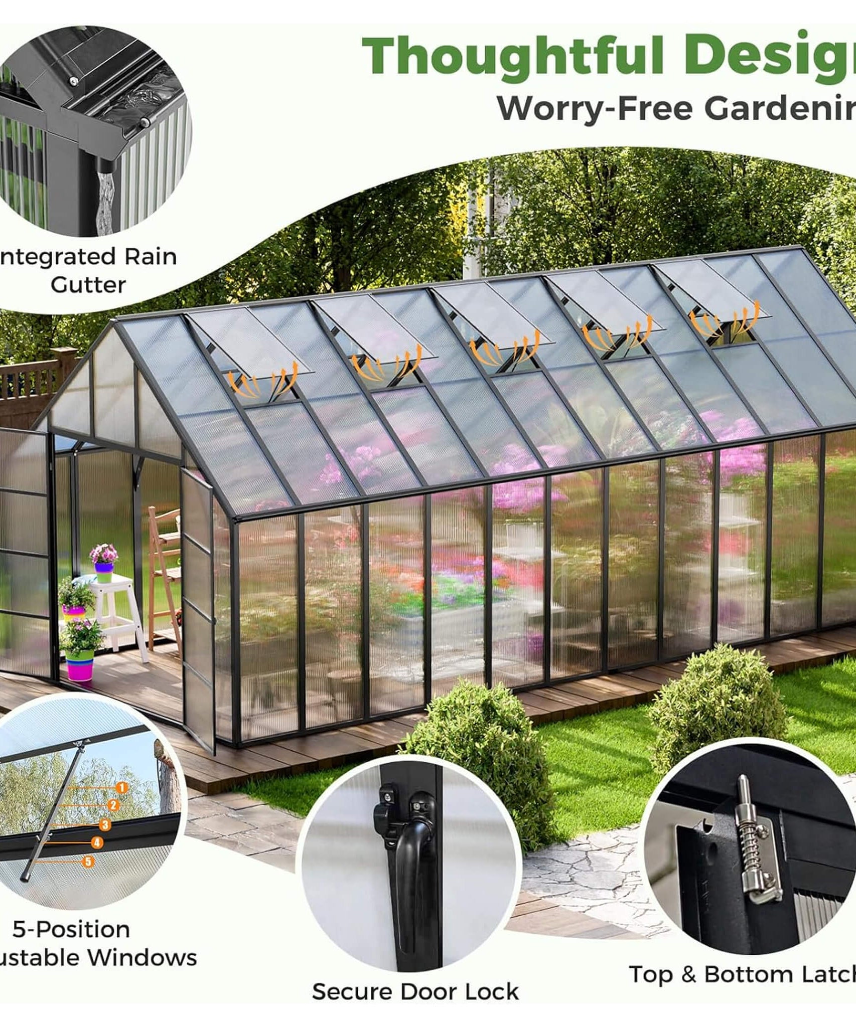 [10X24FT] Heavy-Duty Outdoor Aluminum Polycarbonate Greenhouse With Roof Vents And Swing Doors, 4MM (SAK97032)