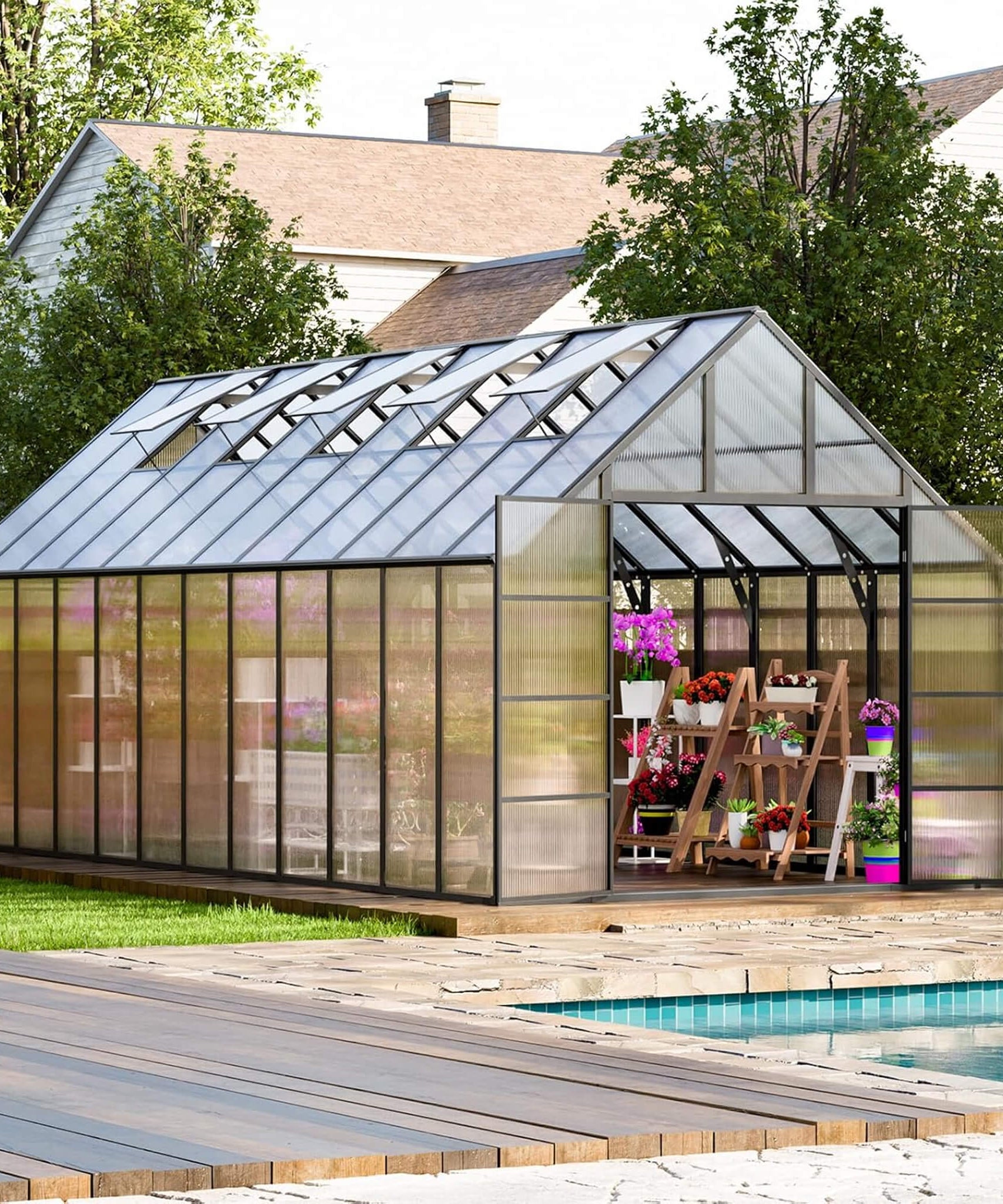 [10X24FT] Heavy-Duty Outdoor Aluminum Polycarbonate Greenhouse With Roof Vents And Swing Doors, 4MM (SAK97032)