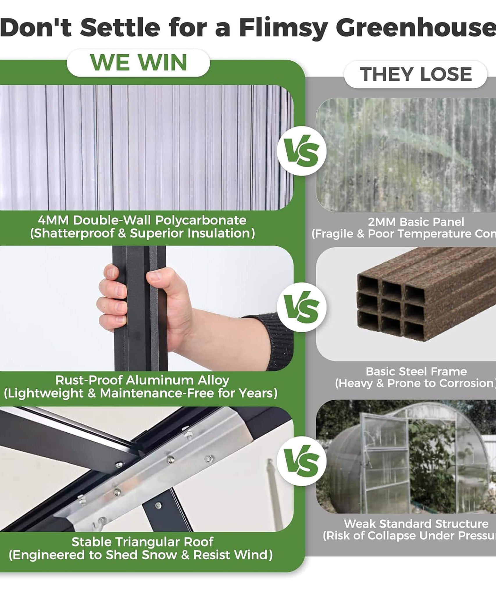 [10X24FT] Heavy-Duty Outdoor Aluminum Polycarbonate Greenhouse With Roof Vents And Swing Doors, 4MM (SAK97032)