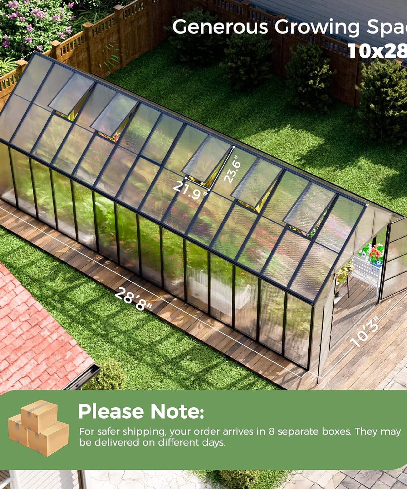 [10X28FT] Heavy-Duty Outdoor Aluminum Polycarbonate Greenhouse With Roof Vents And Swing Doors, 4MM (SAK24618)