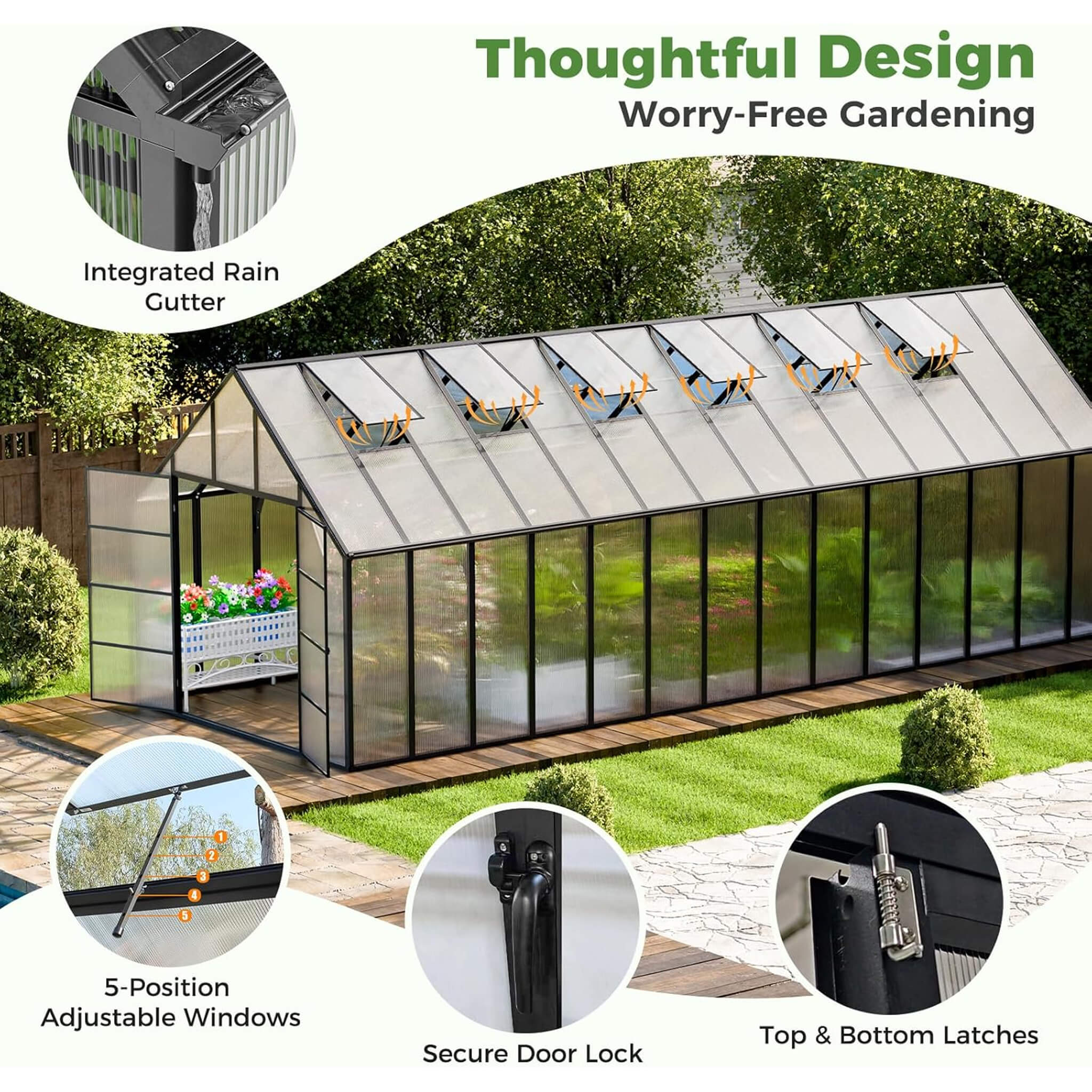 [10X28FT] Heavy-Duty Outdoor Aluminum Polycarbonate Greenhouse With Roof Vents And Swing Doors, 4MM (SAK24618)