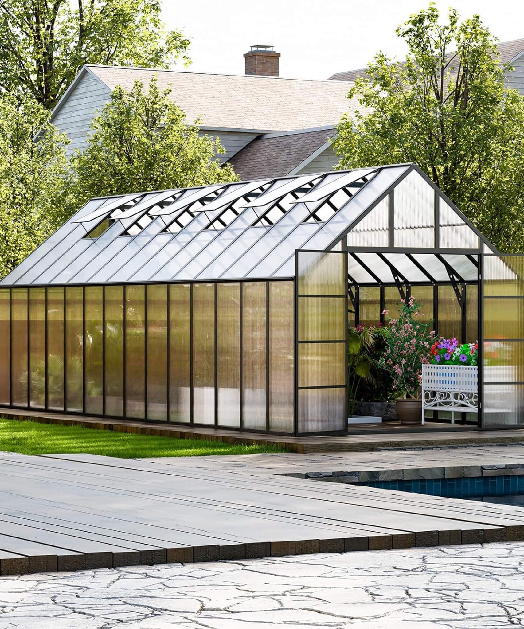 [10X28FT] Heavy-Duty Outdoor Aluminum Polycarbonate Greenhouse With Roof Vents And Swing Doors, 4MM (SAK24618)