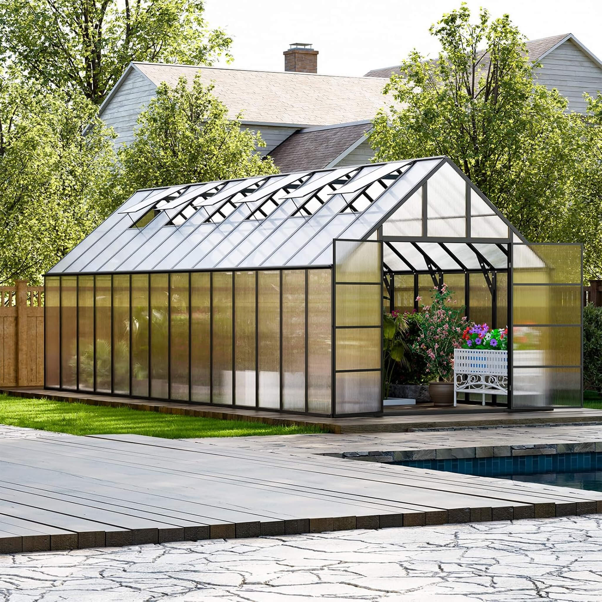 [10X28FT] Heavy-Duty Outdoor Aluminum Polycarbonate Greenhouse With Roof Vents And Swing Doors, 4MM (SAK24618)
