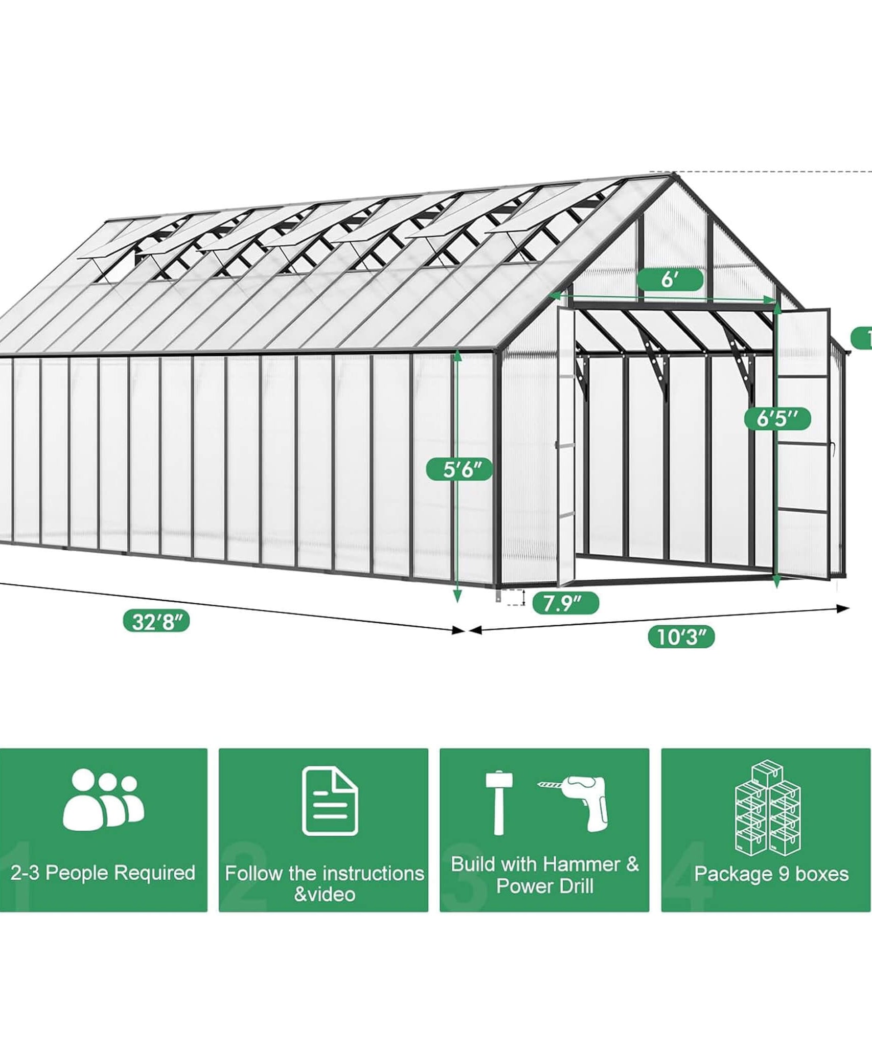[10X32FT] Heavy-Duty Outdoor Aluminum Polycarbonate Greenhouse With Roof Vents And Swing Doors, 4MM (SAK10483)