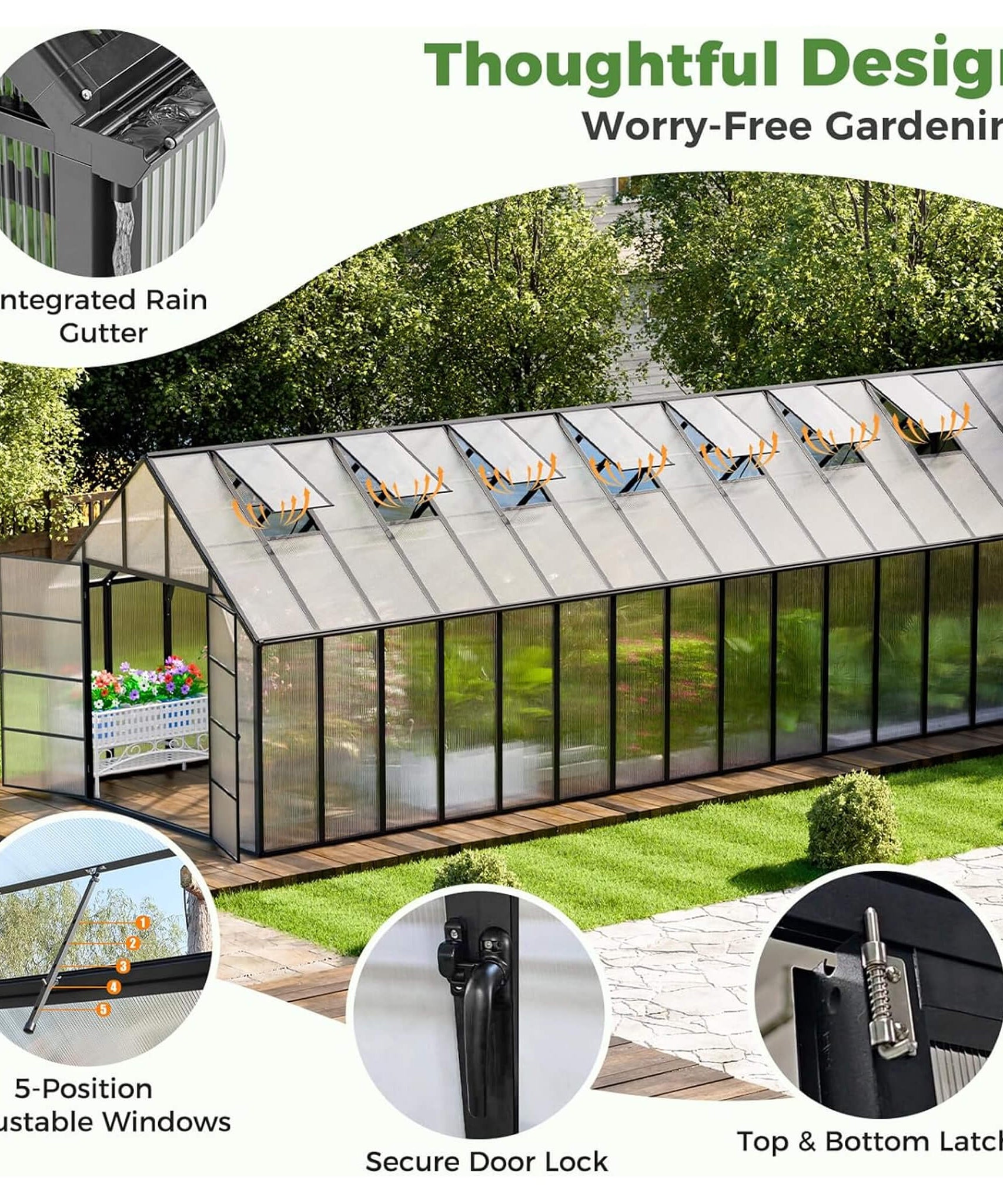 [10X32FT] Heavy-Duty Outdoor Aluminum Polycarbonate Greenhouse With Roof Vents And Swing Doors, 4MM (SAK10483)