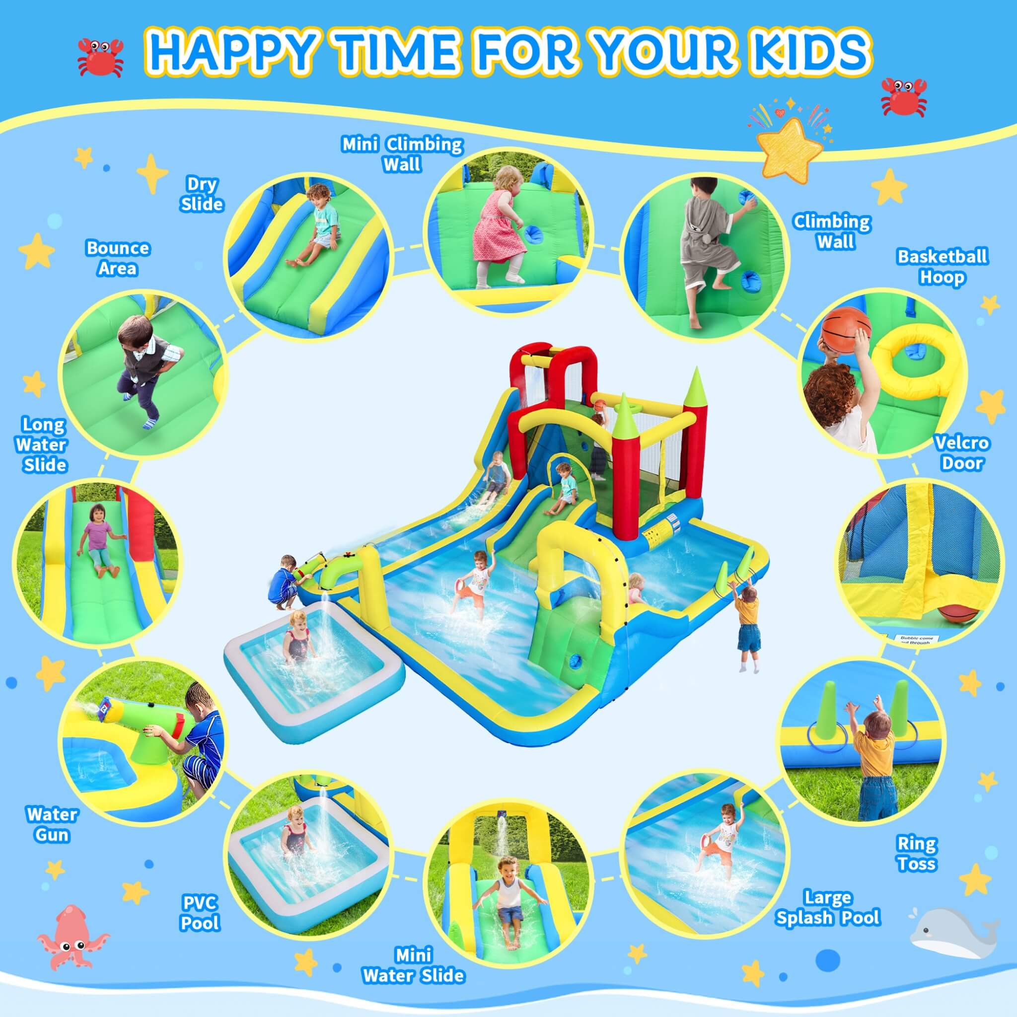 Large 11-In-1 Inflatable Water Park With Slides, Pool, Climbing Wall, And Bounce House (SAK70491)