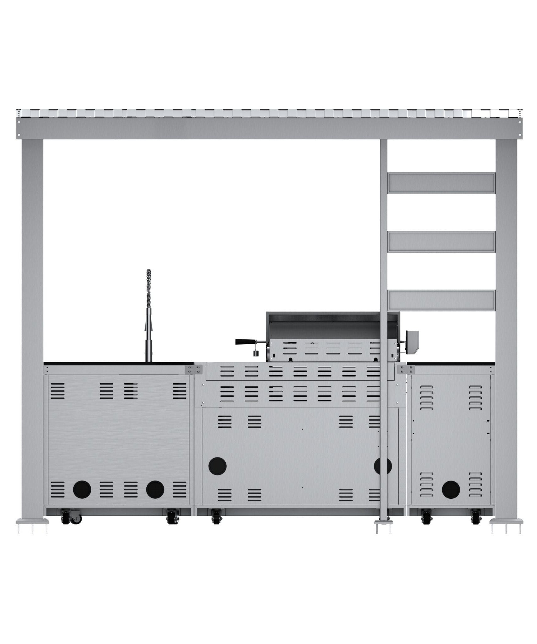 Castelle Flame Imperial 110-Inch 4-Burner 72K BTU Deluxe Stainless Steel Outdoor Kitchen Grill Island With Wine Cooler, Rotisserie, Cabinets, And Granite Countertops (SAK94721)
