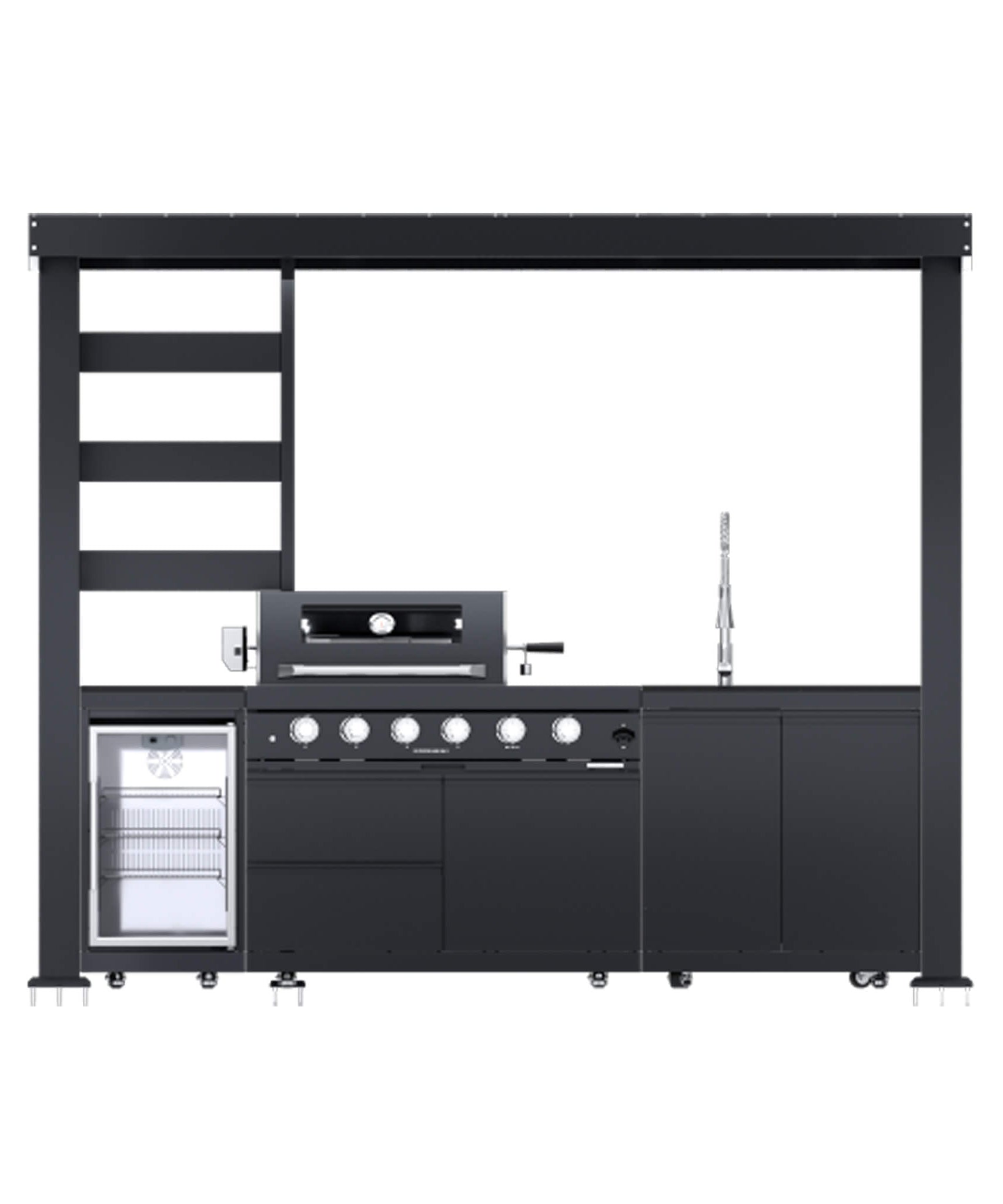 Castelle Flame Imperial 110-Inch 4-Burner 72K BTU Deluxe Stainless Steel Outdoor Kitchen Grill Island With Wine Cooler, Rotisserie, Cabinets, And Granite Countertops (SAK94721)