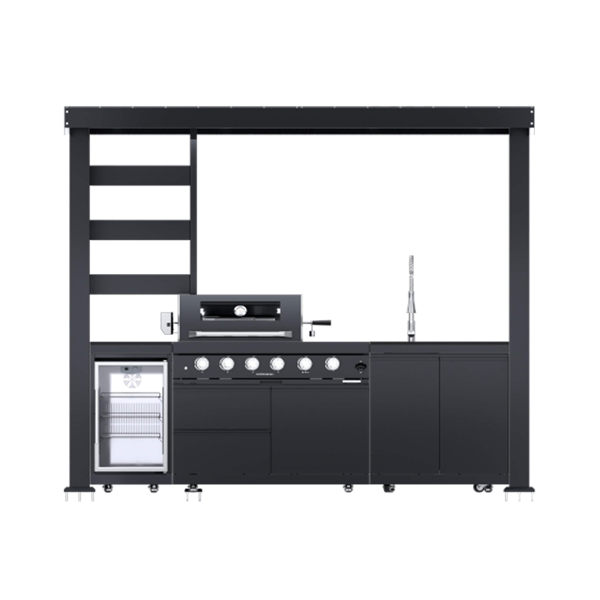 Castelle Flame Imperial 110-Inch 4-Burner 72K BTU Deluxe Stainless Steel Outdoor Kitchen Grill Island With Wine Cooler, Rotisserie, Cabinets, And Granite Countertops (SAK94721)