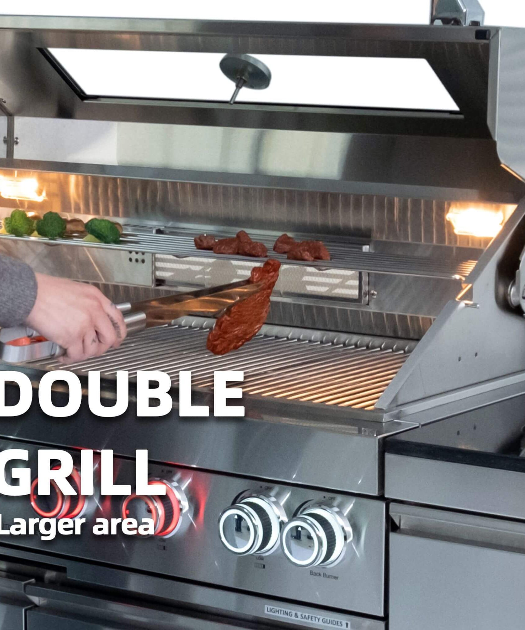 Castelle Flame Imperial 110-Inch 4-Burner 72K BTU Deluxe Stainless Steel Outdoor Kitchen Grill Island With Wine Cooler, Rotisserie, Cabinets, And Granite Countertops (SAK94721)