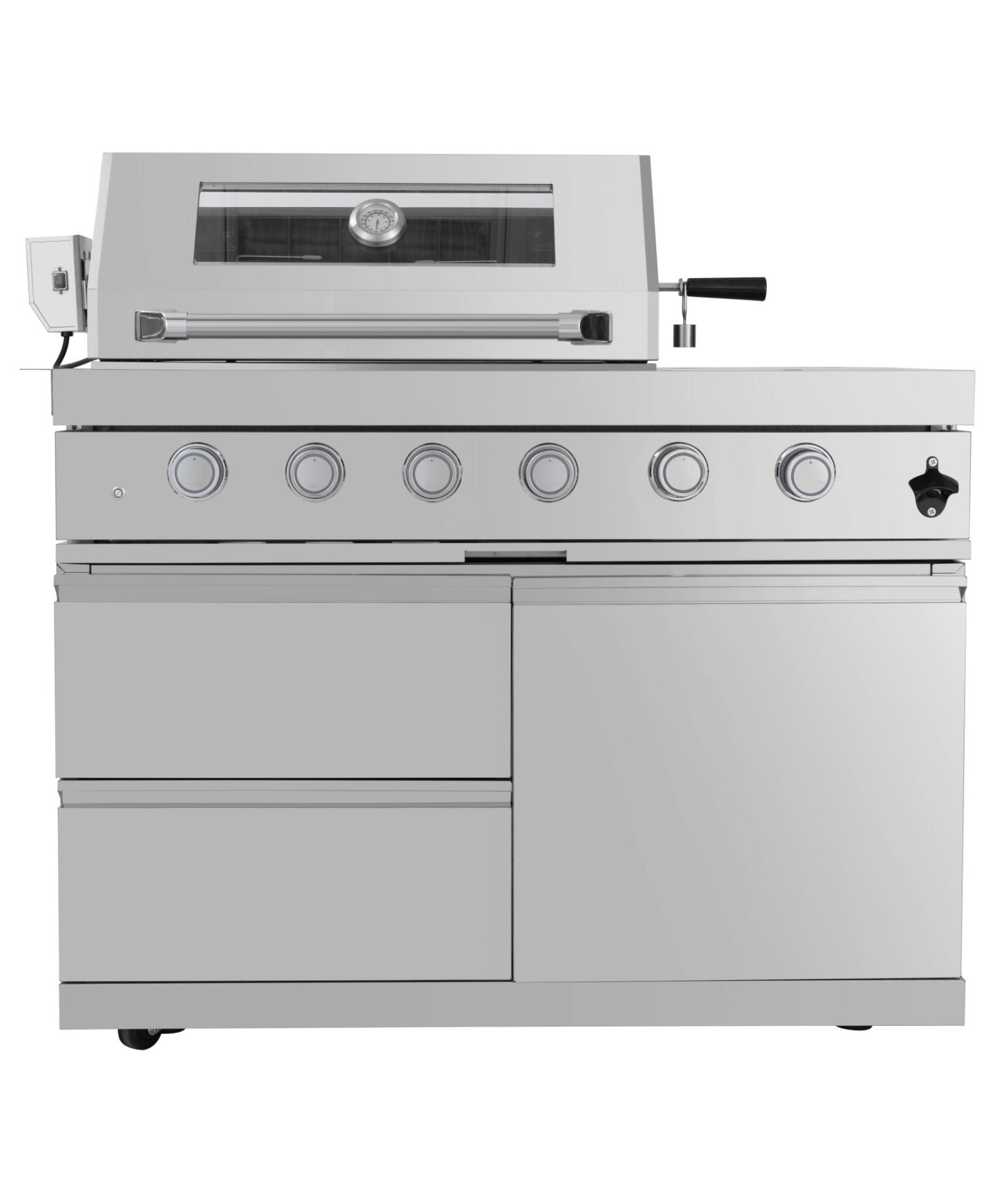 Castelle Flame Imperial 110-Inch 4-Burner 72K BTU Deluxe Stainless Steel Outdoor Kitchen Grill Island With Wine Cooler, Rotisserie, Cabinets, And Granite Countertops (SAK94721)