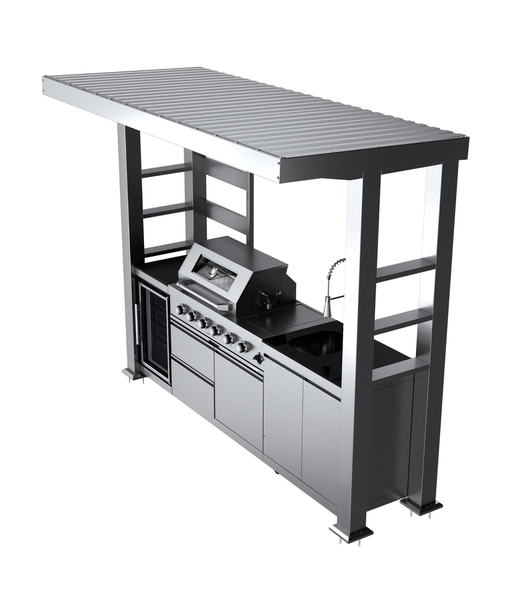 Castelle Flame Imperial 110-Inch 4-Burner 72K BTU Deluxe Stainless Steel Outdoor Kitchen Grill Island With Wine Cooler, Rotisserie, Cabinets, And Granite Countertops (SAK94721)