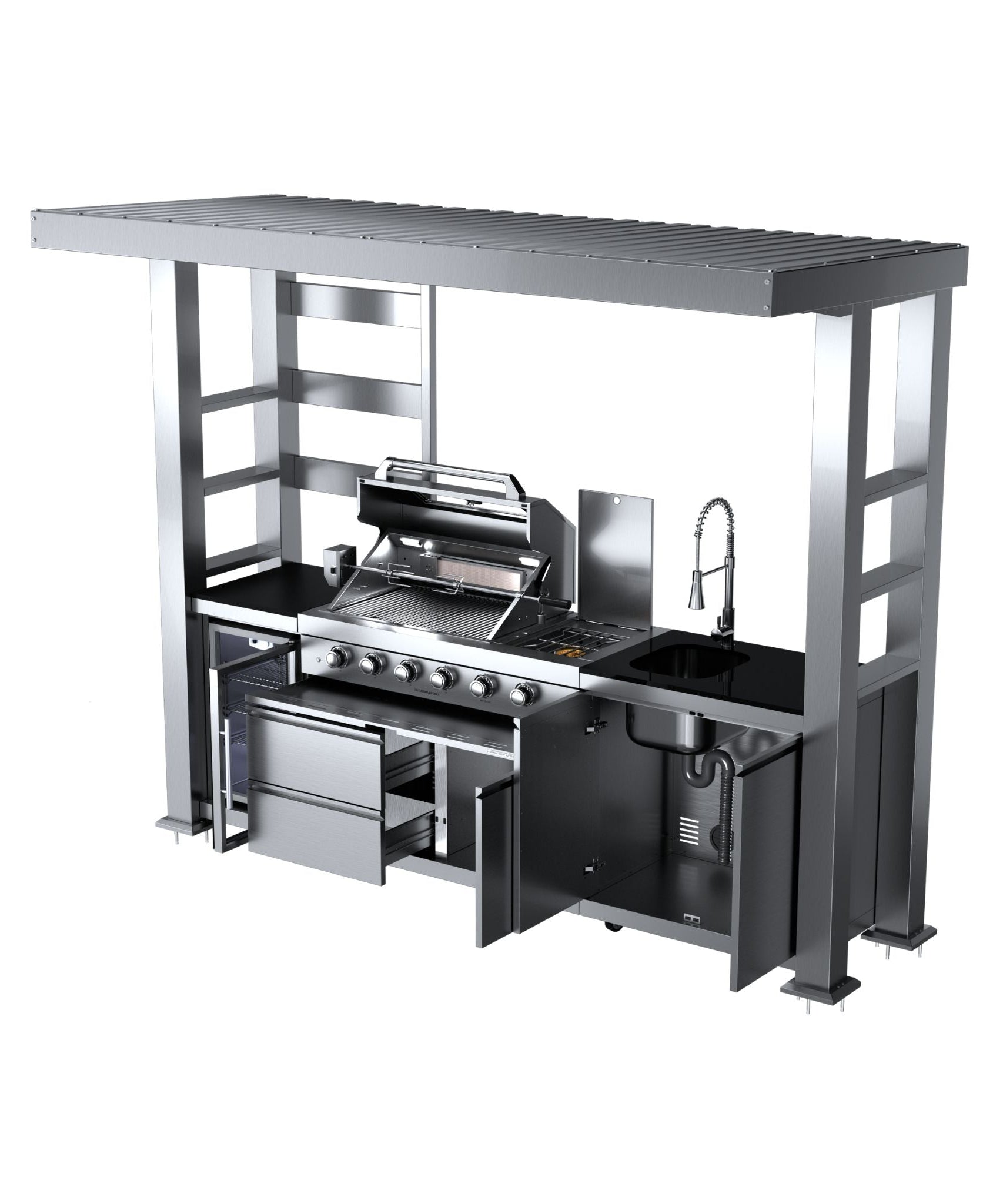 Castelle Flame Imperial 110-Inch 4-Burner 72K BTU Deluxe Stainless Steel Outdoor Kitchen Grill Island With Wine Cooler, Rotisserie, Cabinets, And Granite Countertops (SAK94721)