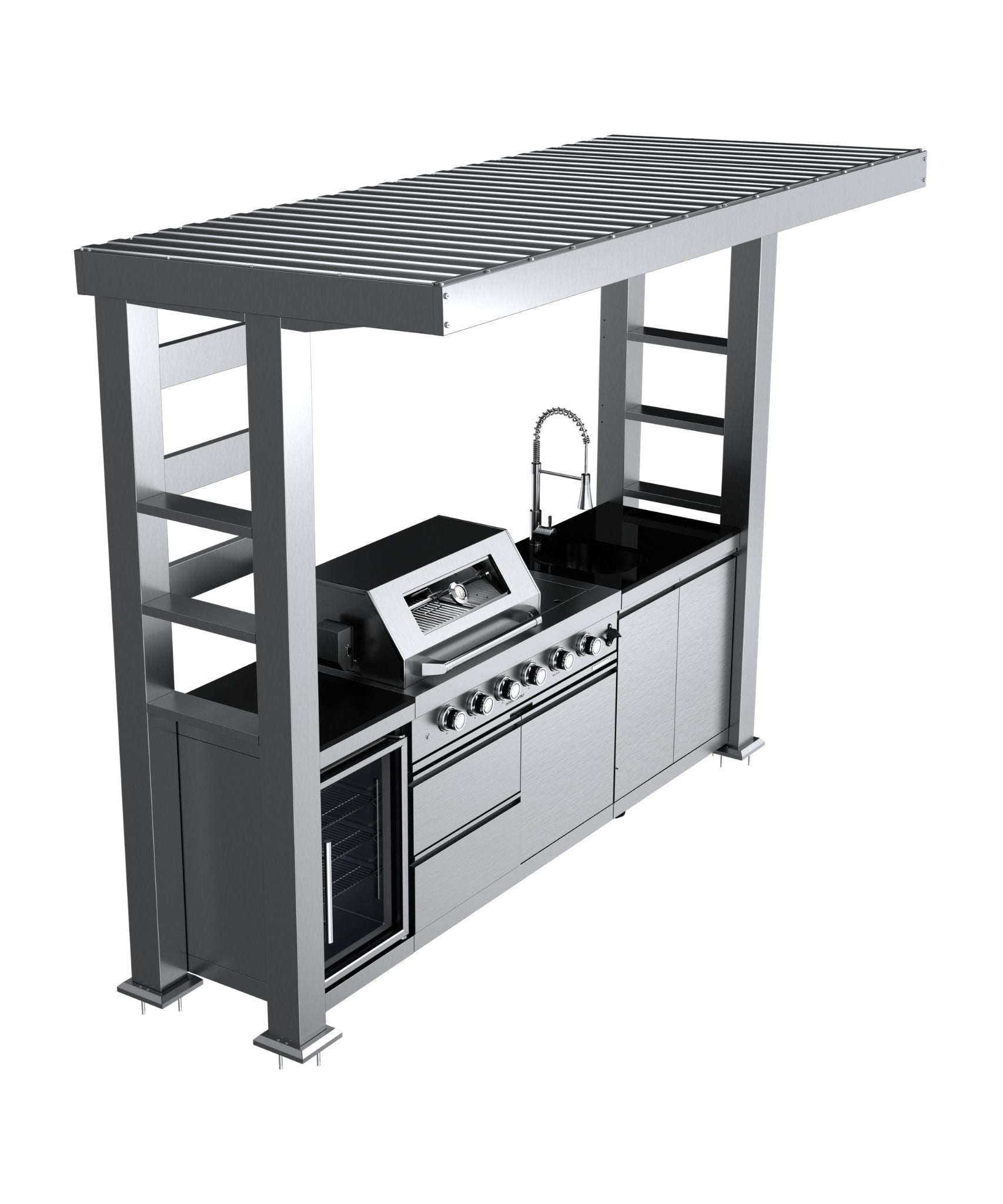 Castelle Flame Imperial 110-Inch 4-Burner 72K BTU Deluxe Stainless Steel Outdoor Kitchen Grill Island With Wine Cooler, Rotisserie, Cabinets, And Granite Countertops (SAK94721)