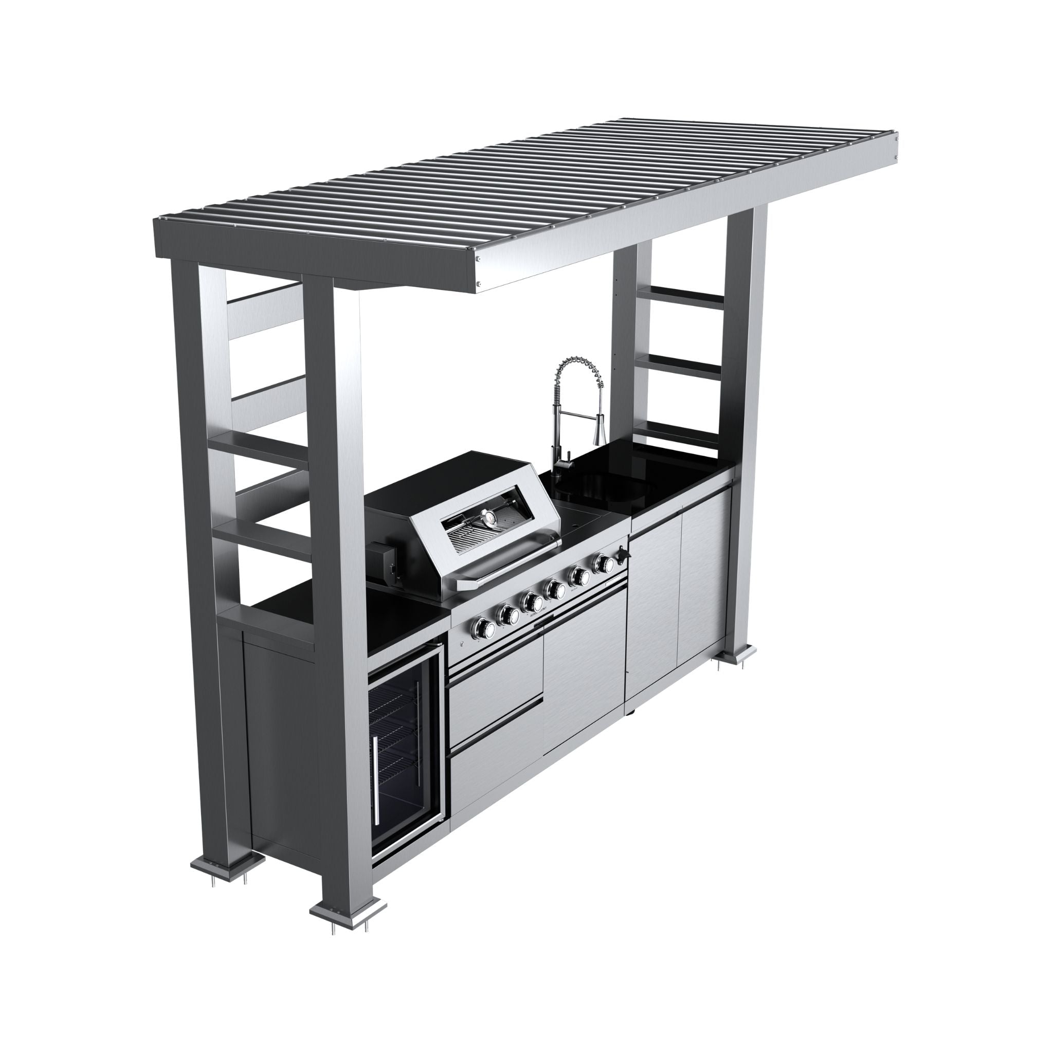 Castelle Flame Imperial 110-Inch 4-Burner 72K BTU Deluxe Stainless Steel Outdoor Kitchen Grill Island With Wine Cooler, Rotisserie, Cabinets, And Granite Countertops (SAK94721)