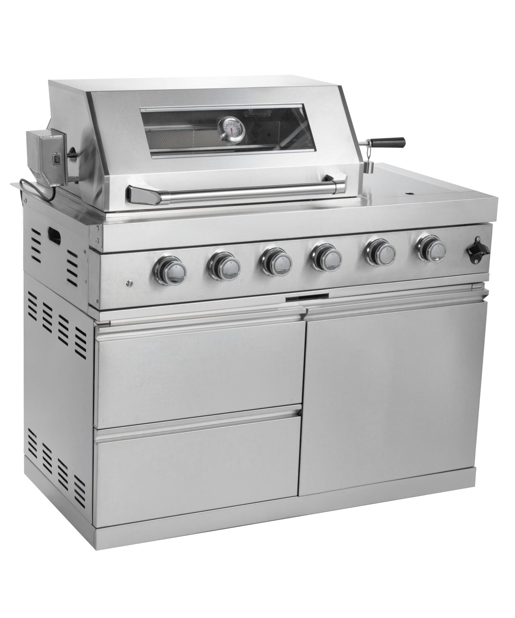 Castelle Flame Imperial 110-Inch 4-Burner 72K BTU Deluxe Stainless Steel Outdoor Kitchen Grill Island With Wine Cooler, Rotisserie, Cabinets, And Granite Countertops (SAK94721)