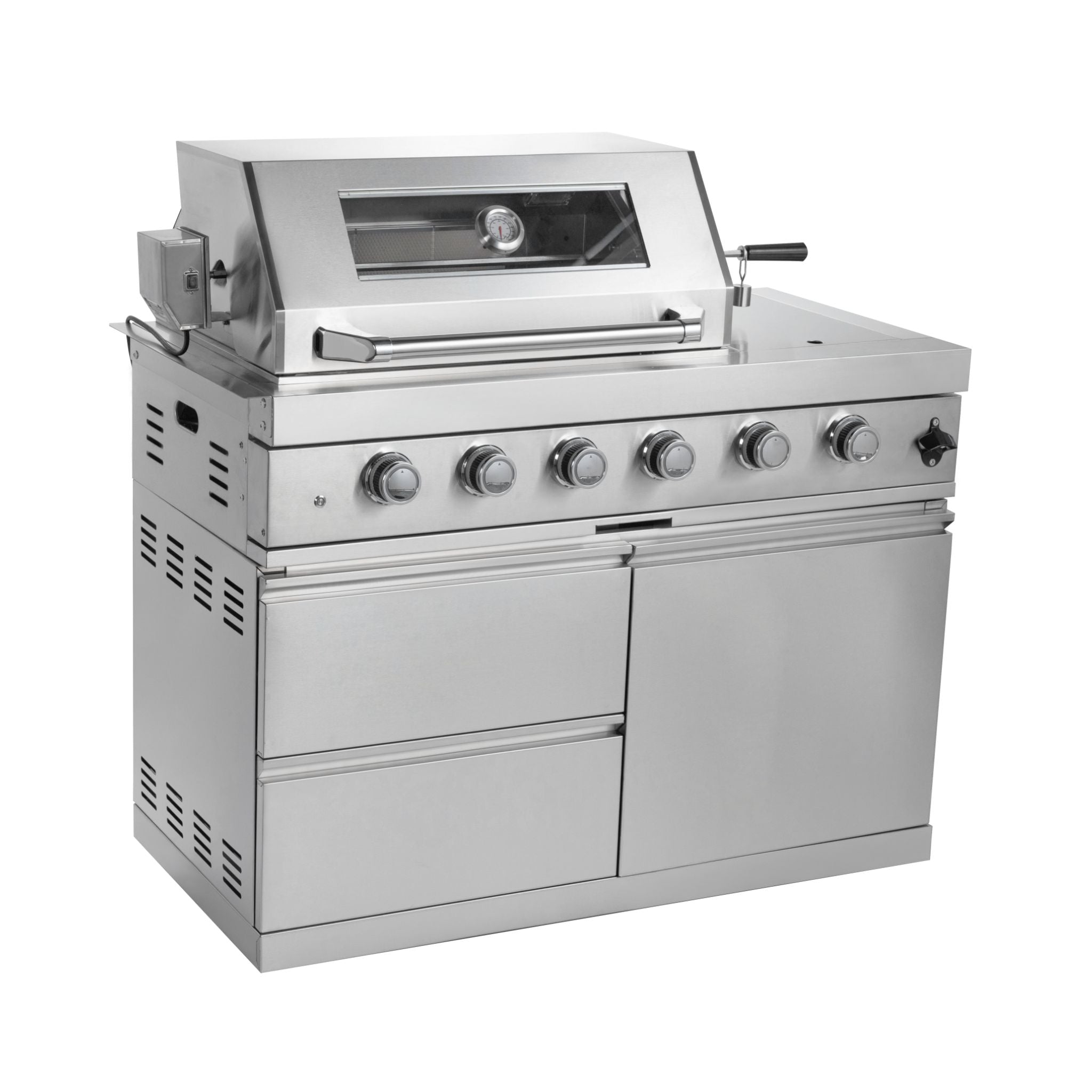 Castelle Flame Imperial 110-Inch 4-Burner 72K BTU Deluxe Stainless Steel Outdoor Kitchen Grill Island With Wine Cooler, Rotisserie, Cabinets, And Granite Countertops (SAK94721)