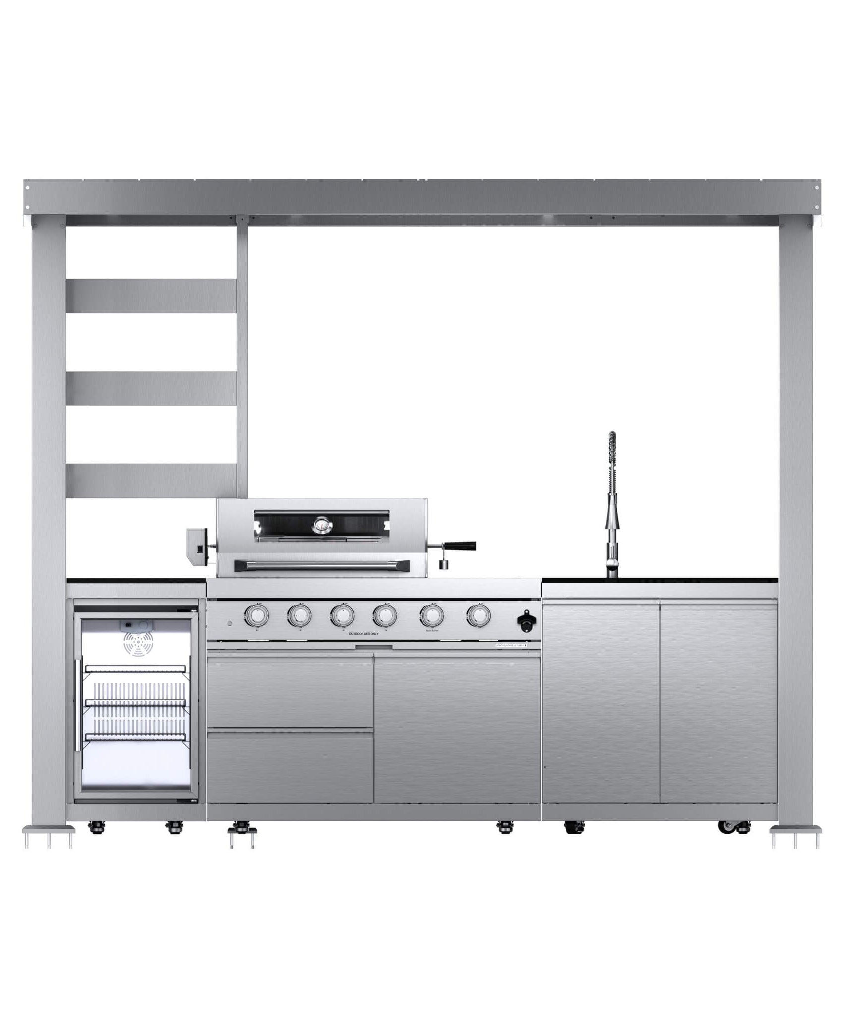 Castelle Flame Imperial 110-Inch 4-Burner 72K BTU Deluxe Stainless Steel Outdoor Kitchen Grill Island With Wine Cooler, Rotisserie, Cabinets, And Granite Countertops (SAK94721)