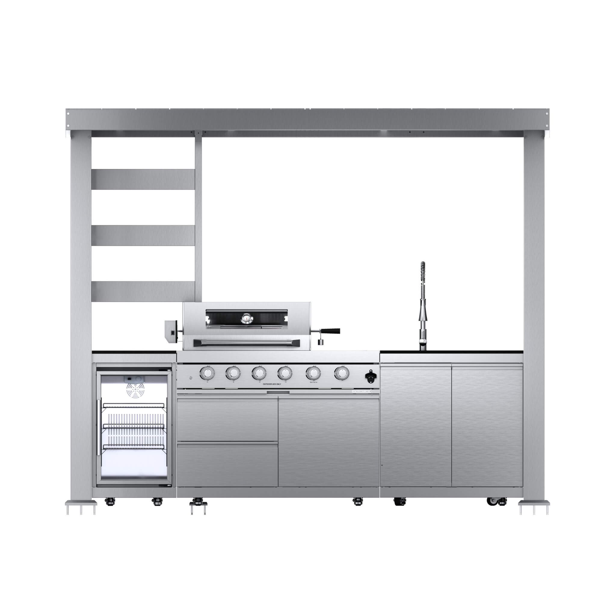Castelle Flame Imperial 110-Inch 4-Burner 72K BTU Deluxe Stainless Steel Outdoor Kitchen Grill Island With Wine Cooler, Rotisserie, Cabinets, And Granite Countertops (SAK94721)